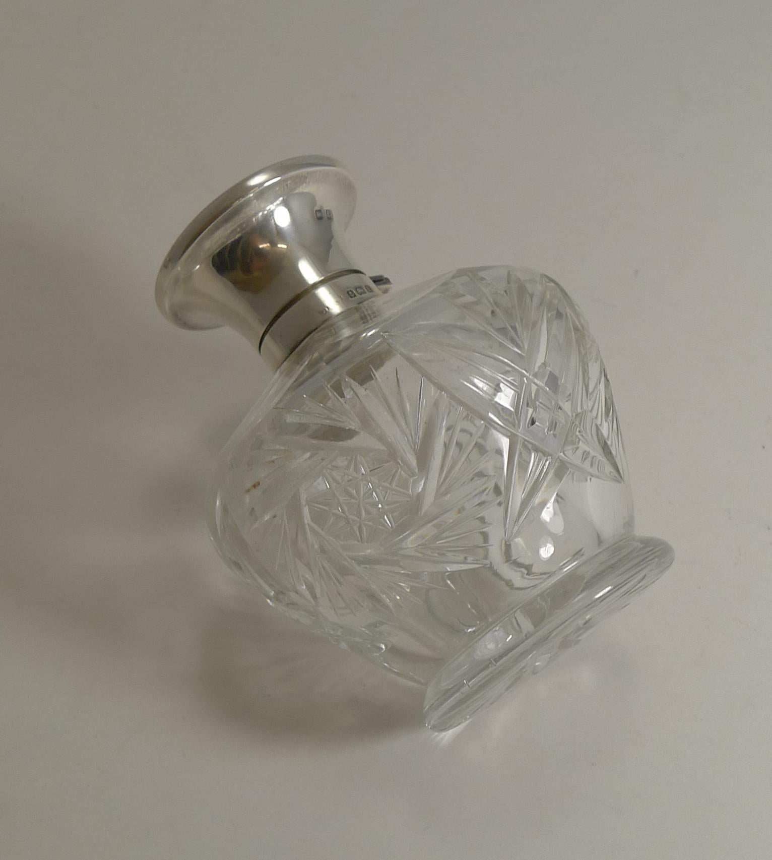 Cut Crystal Perfume Bottle, English Sterling Silver and Pink Guilloche Enamel 5