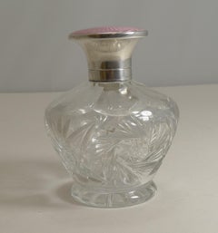Cut Crystal Perfume Bottle, English Sterling Silver and Pink Guilloche Enamel