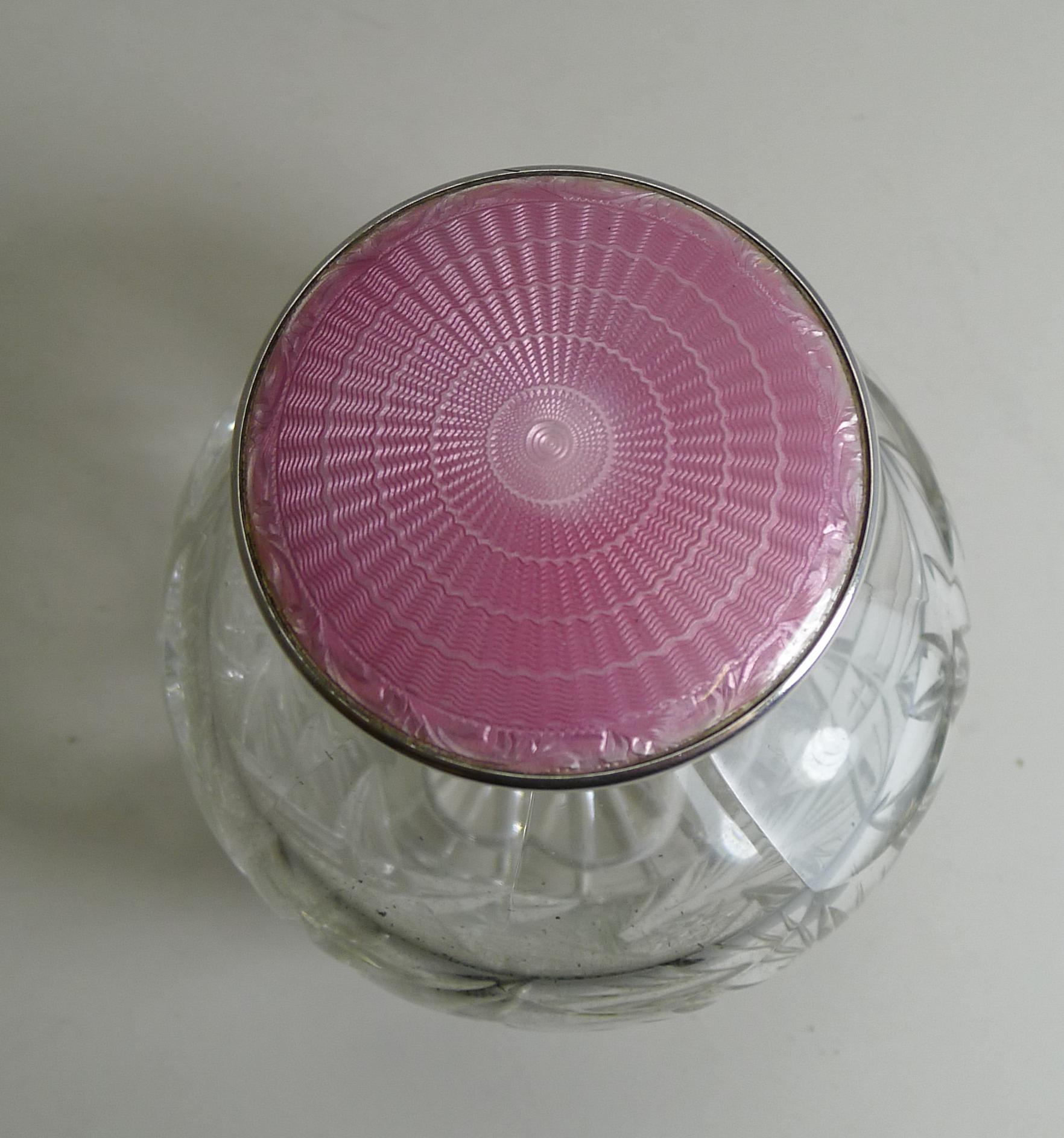 Art Deco Cut Crystal Perfume Bottle, English Sterling Silver and Pink Guilloche Enamel