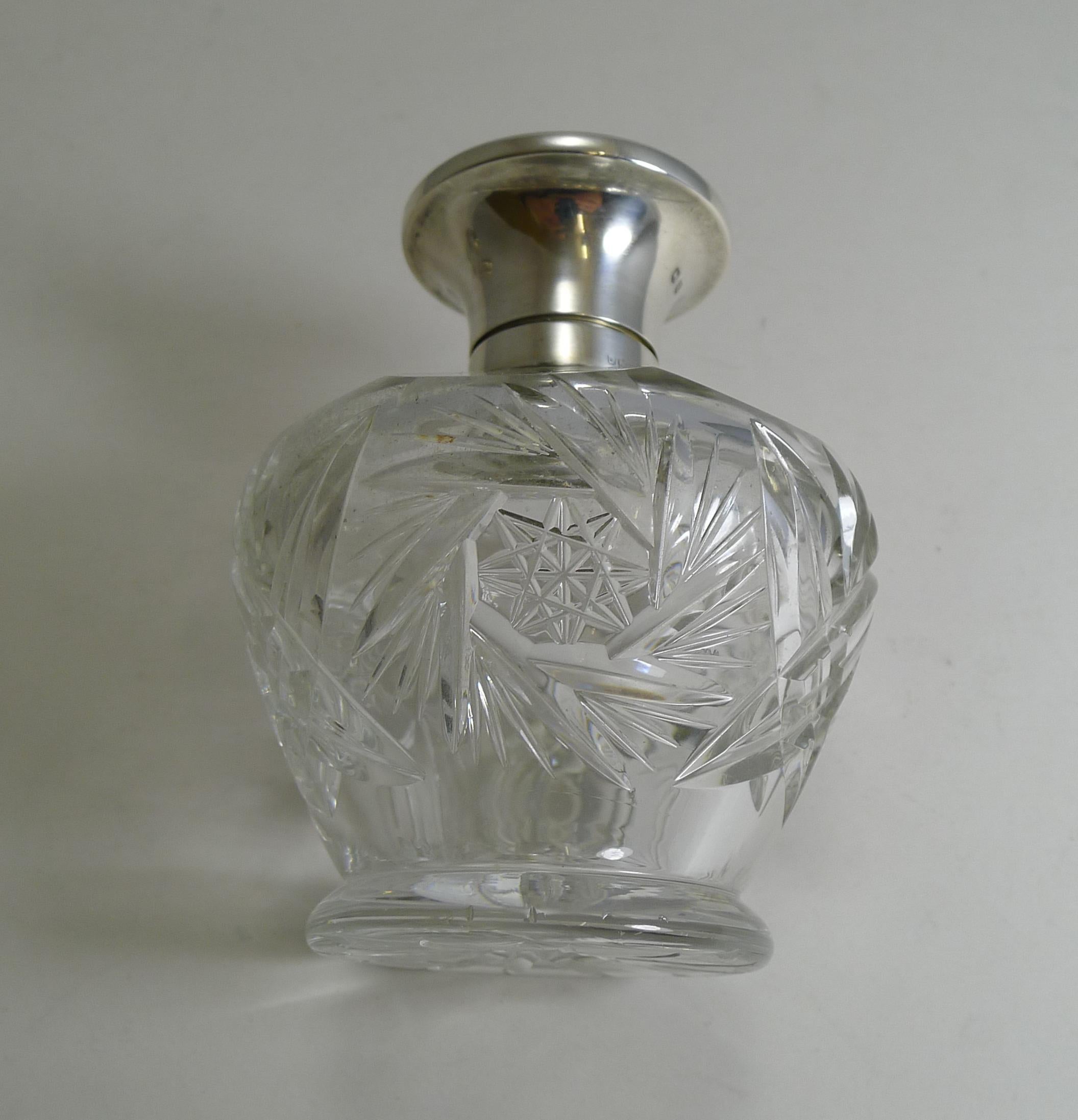 Cut Crystal Perfume Bottle, English Sterling Silver and Pink Guilloche Enamel In Good Condition In Bath, GB