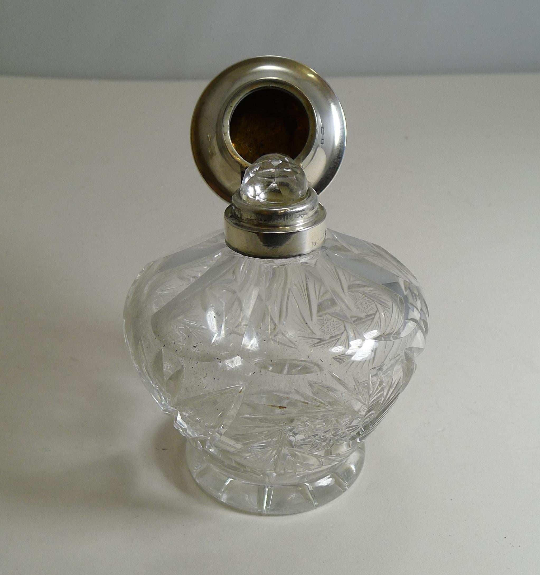 Early 20th Century Cut Crystal Perfume Bottle, English Sterling Silver and Pink Guilloche Enamel
