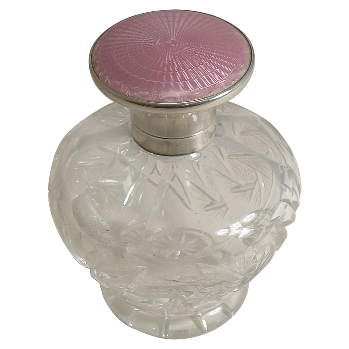 Cut Crystal Perfume Bottle, English Sterling Silver and Pink Guilloche Enamel