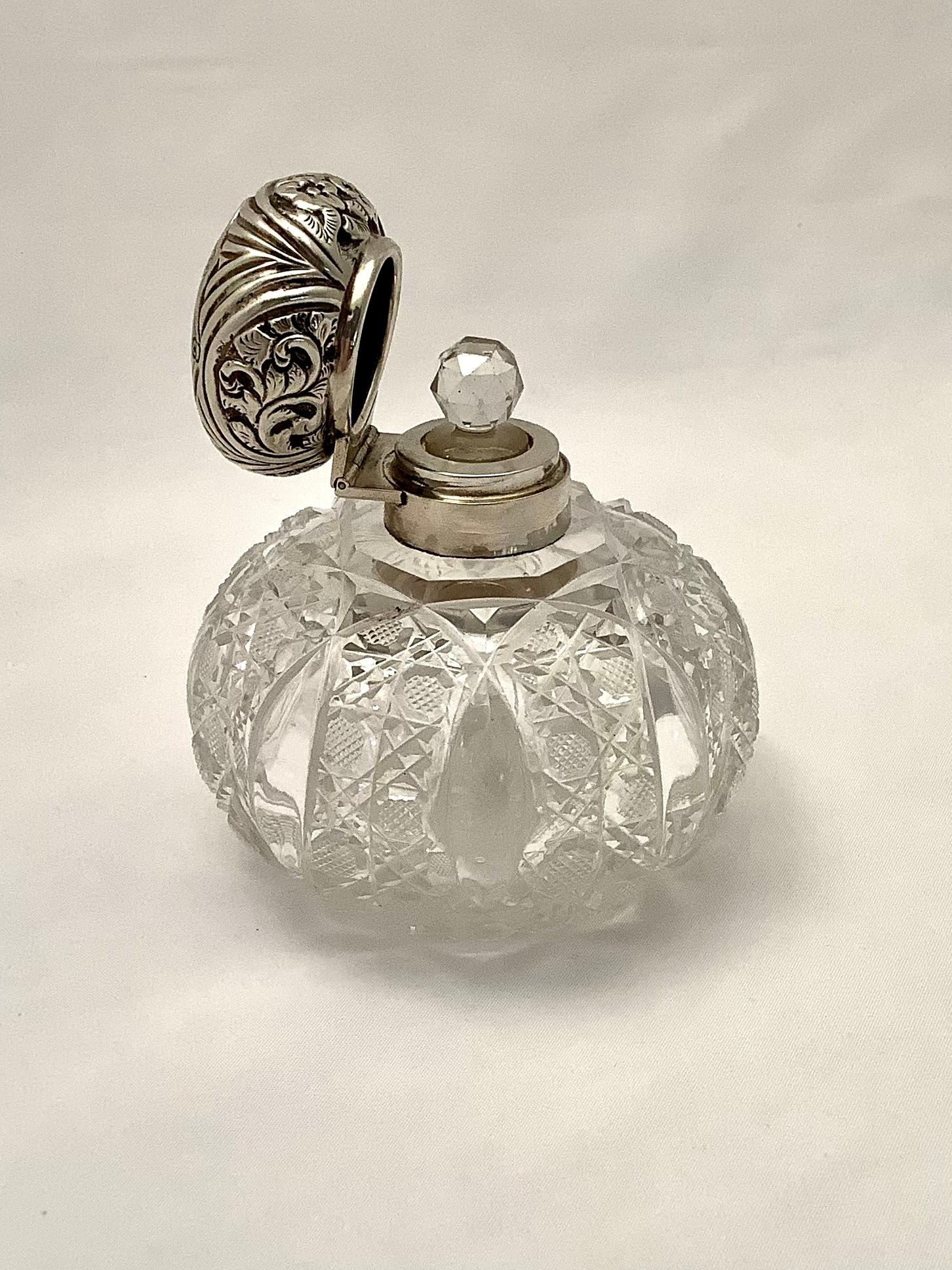 English Cut Crystal Perfume Bottle W/ Sterling Silver Top 