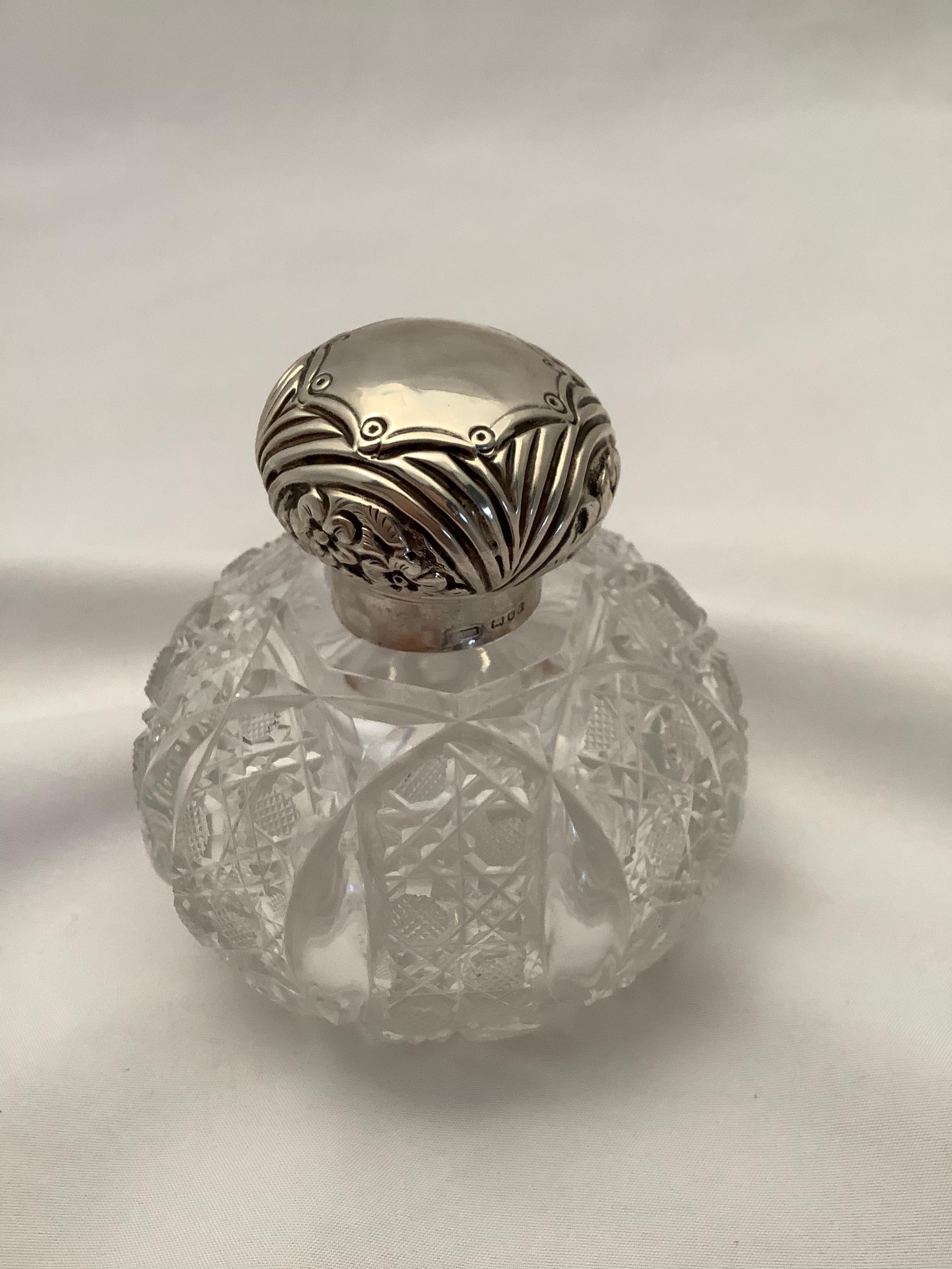 20th Century Cut Crystal Perfume Bottle W/ Sterling Silver Top 