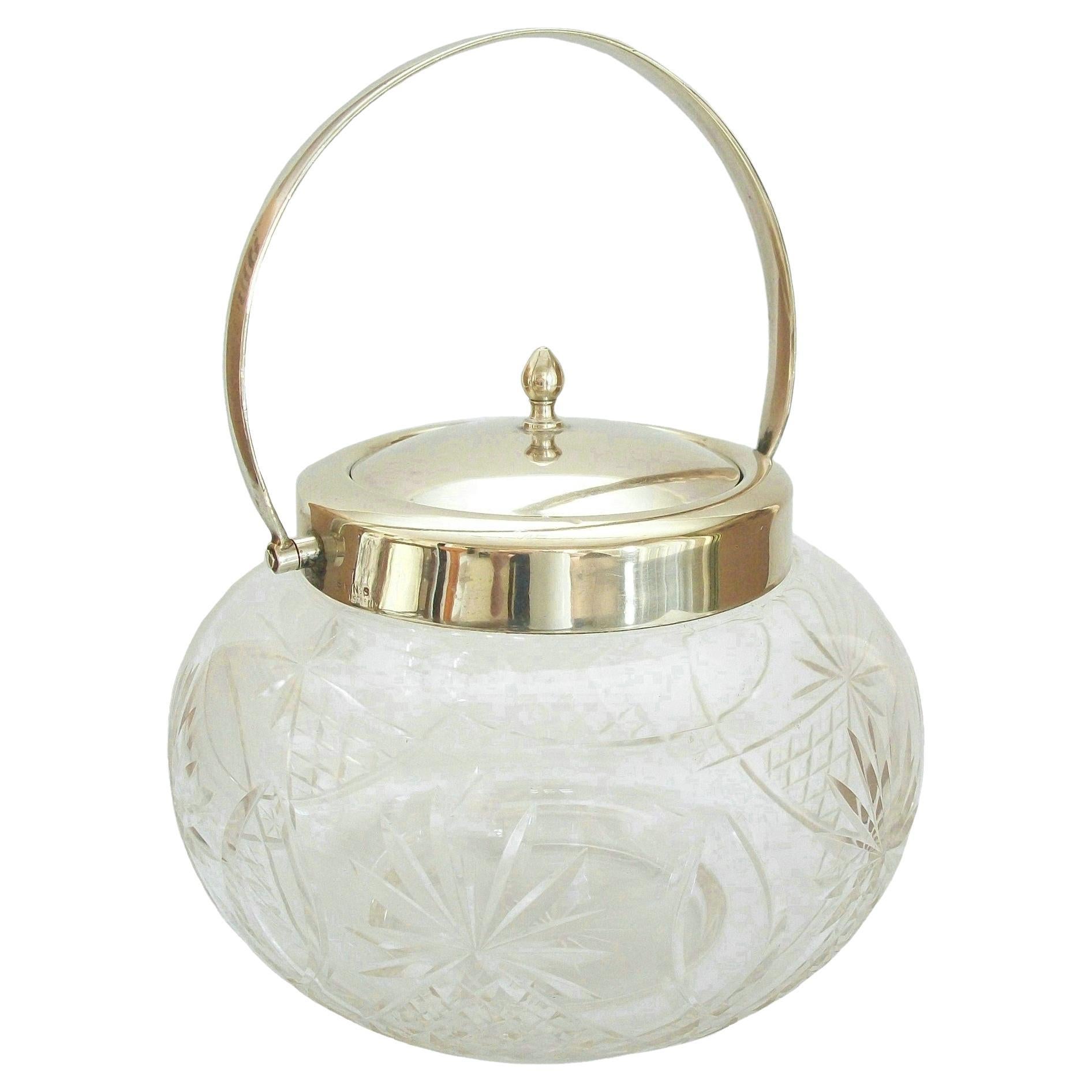 Cut Crystal & Silverplate Biscuit Barrel - United Kingdom - Early 20th Century For Sale