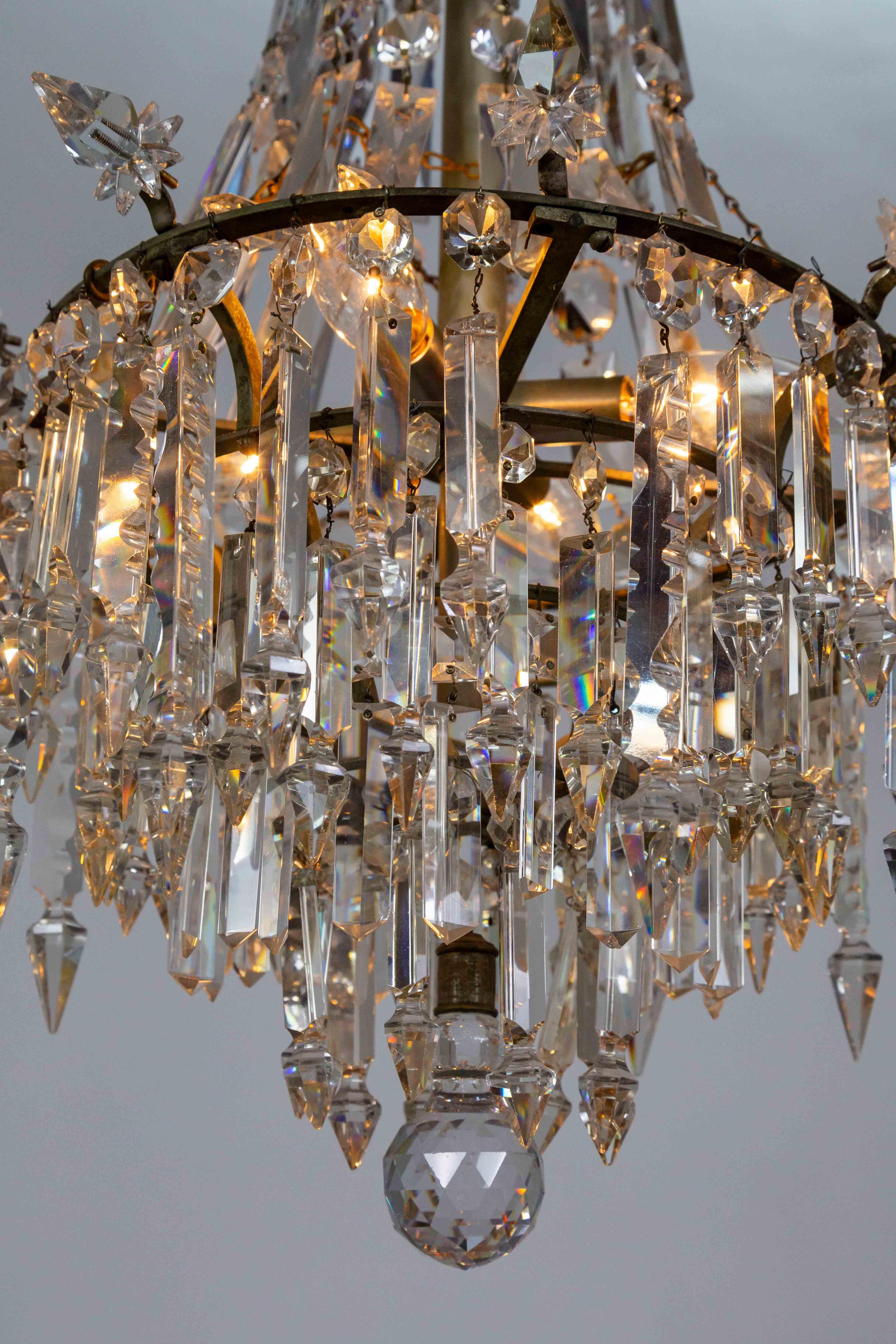 Brass Cut Crystal Spear Empire Chandelier For Sale