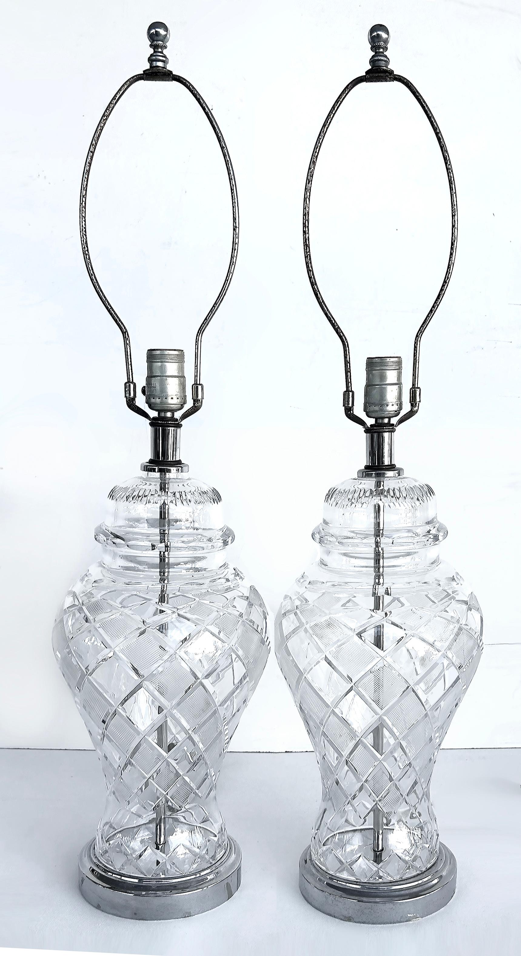 Cut Crystal Table Lamps, Chrome Bases, Waterford Crystal Ireland Attributed In Good Condition For Sale In Miami, FL