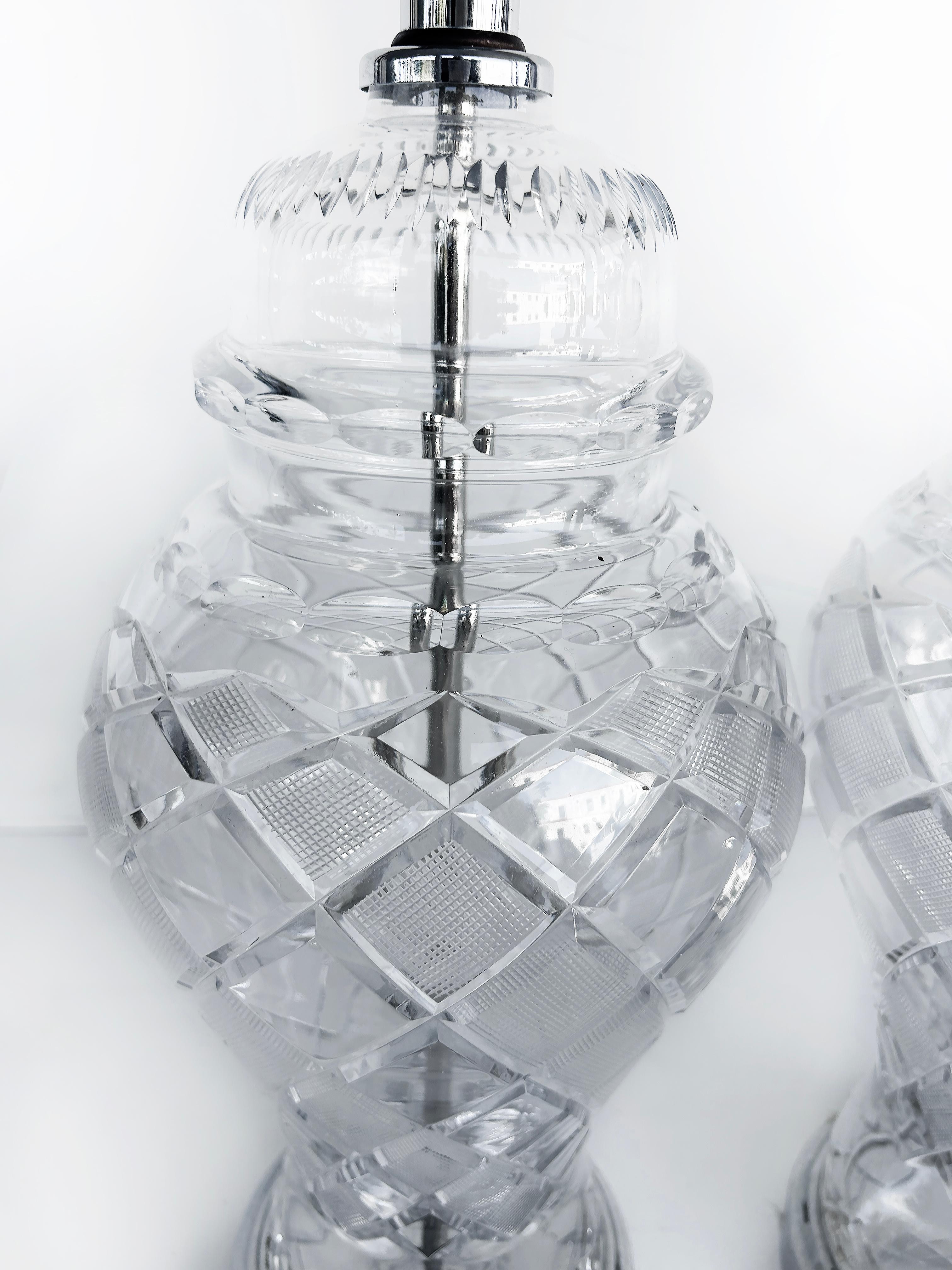 Metal Cut Crystal Table Lamps, Chrome Bases, Waterford Crystal Ireland Attributed For Sale