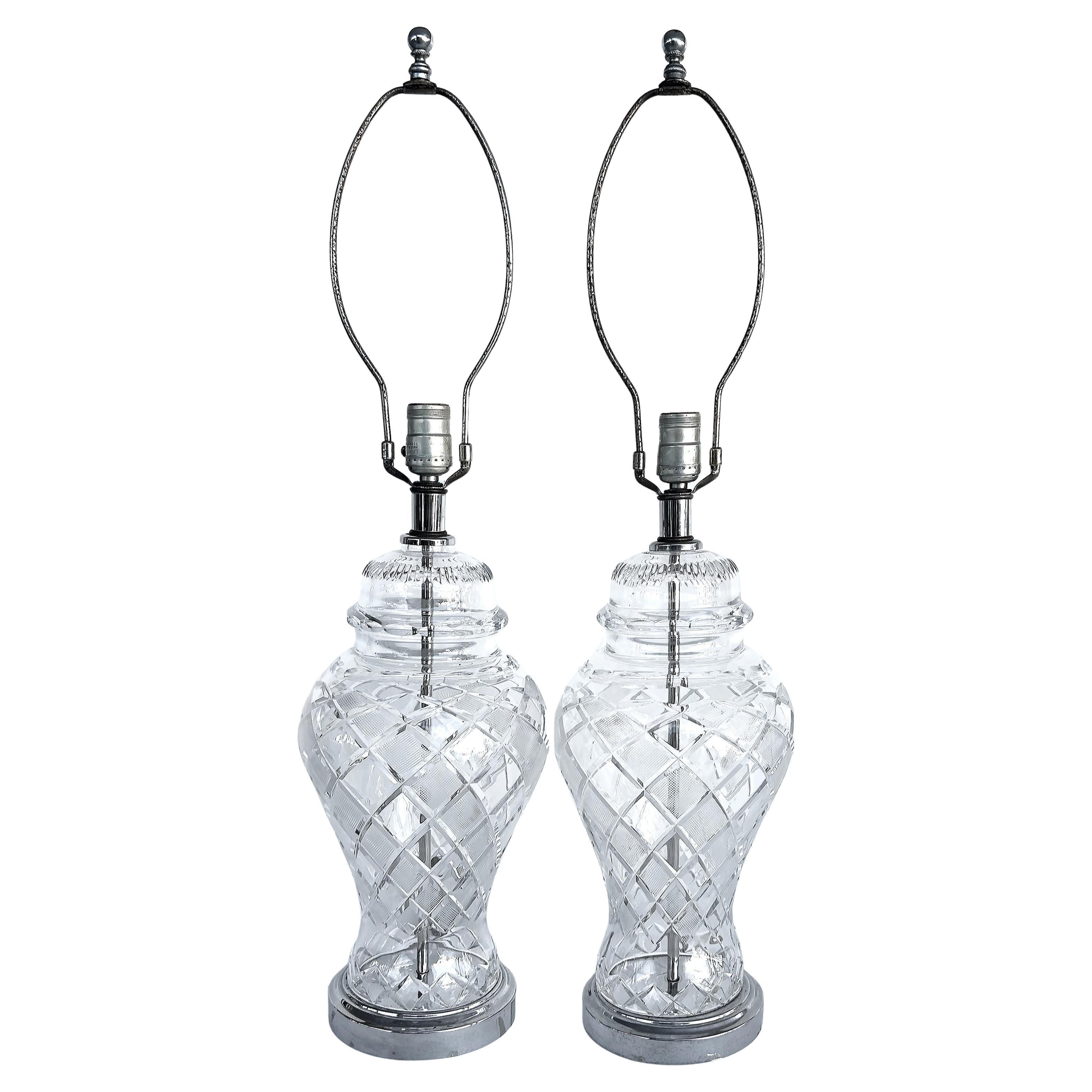 Cut Crystal Table Lamps, Chrome Bases, Waterford Crystal Ireland Attributed