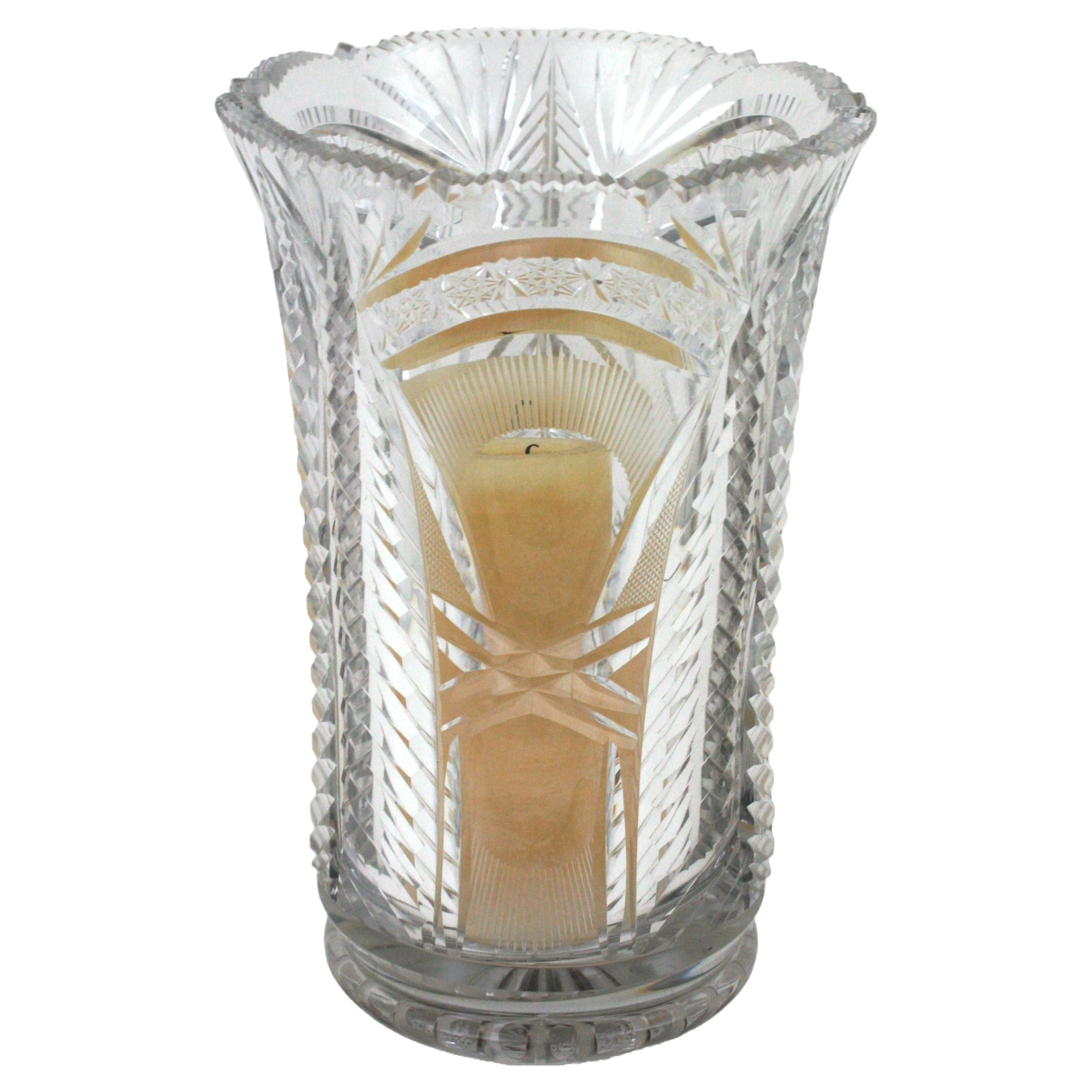 Art Deco Cut Crystal Vase or Hurricane Candle Holder For Sale