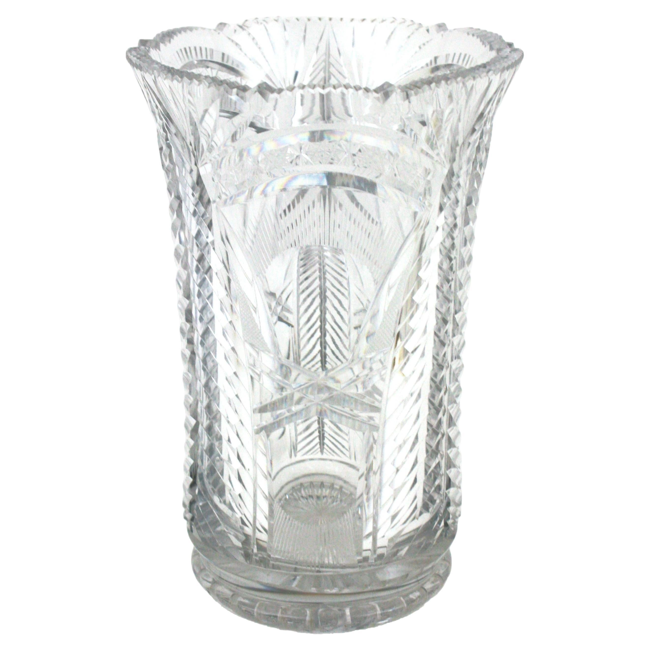 Cut Crystal Vase or Hurricane Candle Holder For Sale