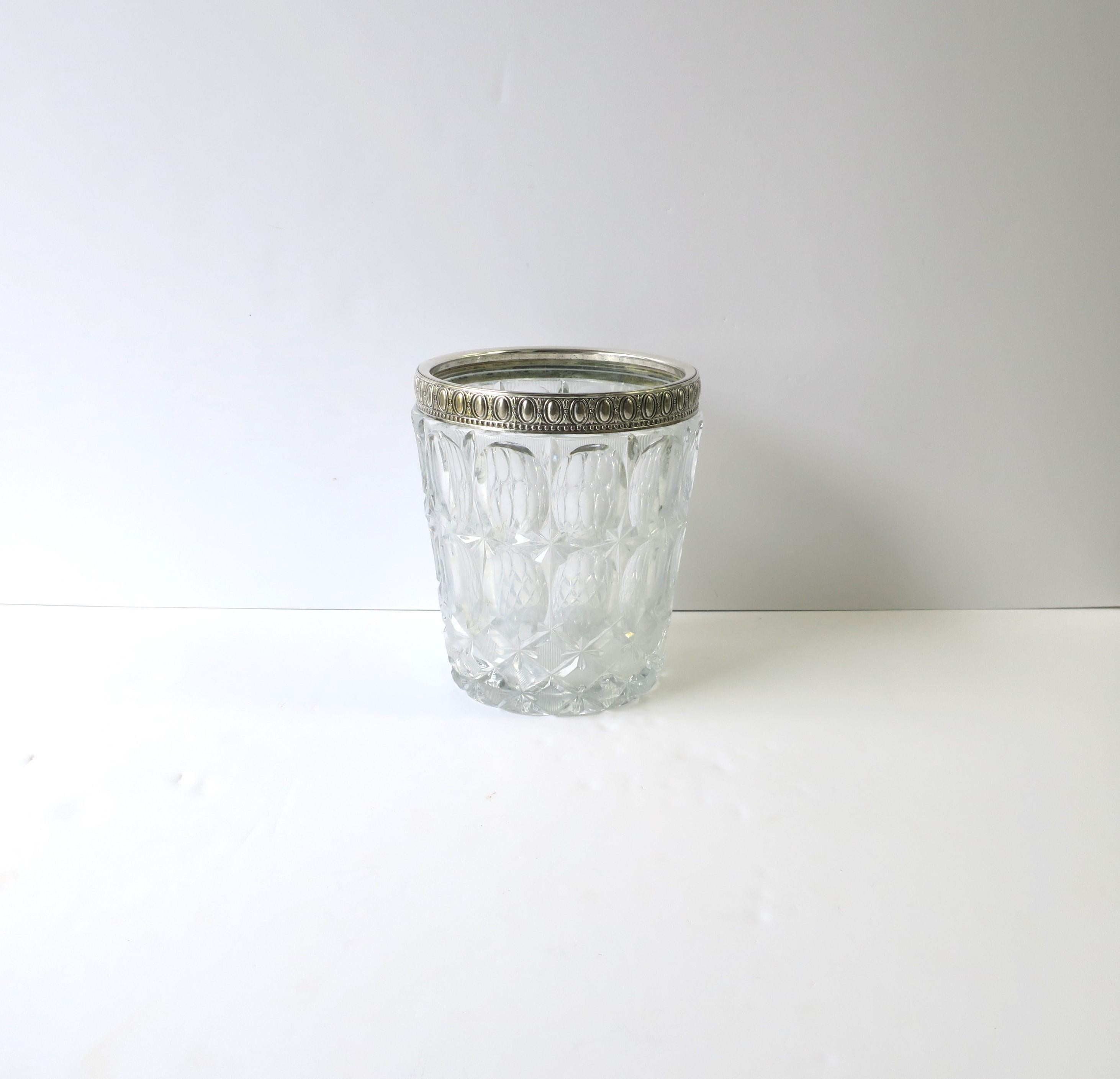 A substantial Bohemian cut crystal wine cooler or ice bucket, circa mid-20th century, Europe, Czechoslovakia. A heavy cut crystal wine/Champagne cooler or ice bucket with embossed metal rim (protection for crystal rim/edge.) A great piece for a bar,