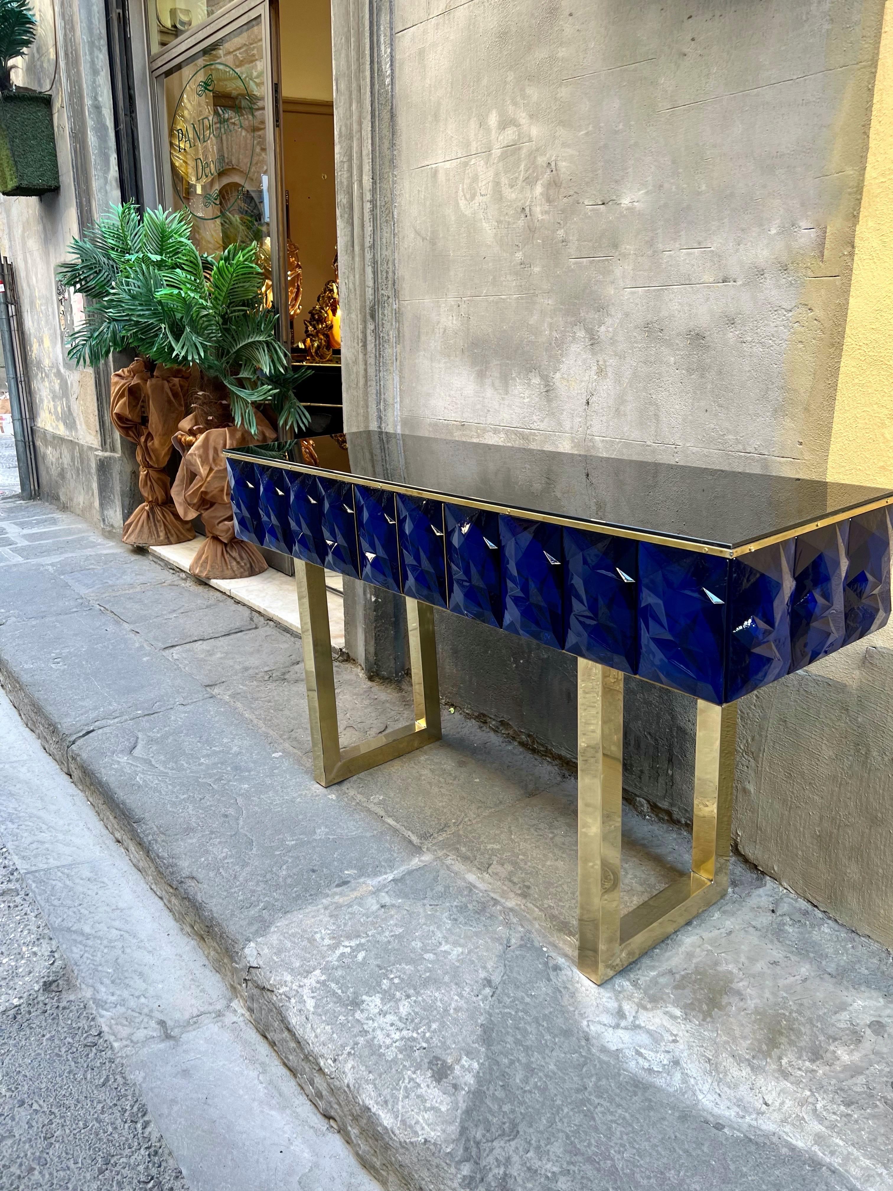 Modern Diamond Shape Blue Murano Console Table Black Opaline Brass Glass Top For Sale 3