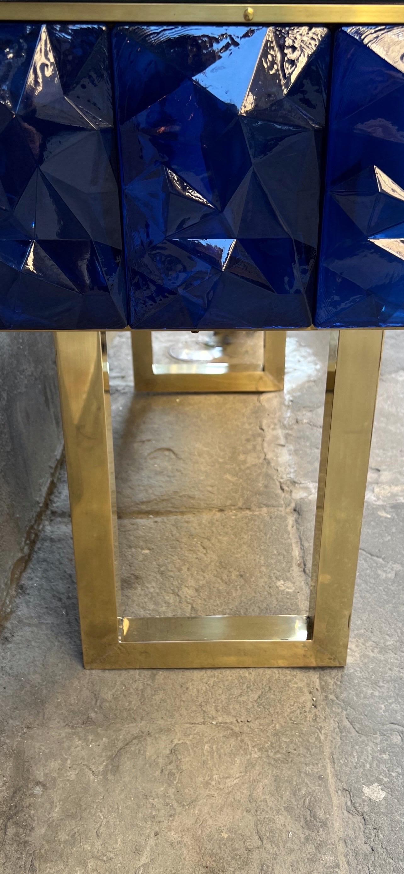 Modern Diamond Shape Blue Murano Console Table Black Opaline Brass Glass Top For Sale 8