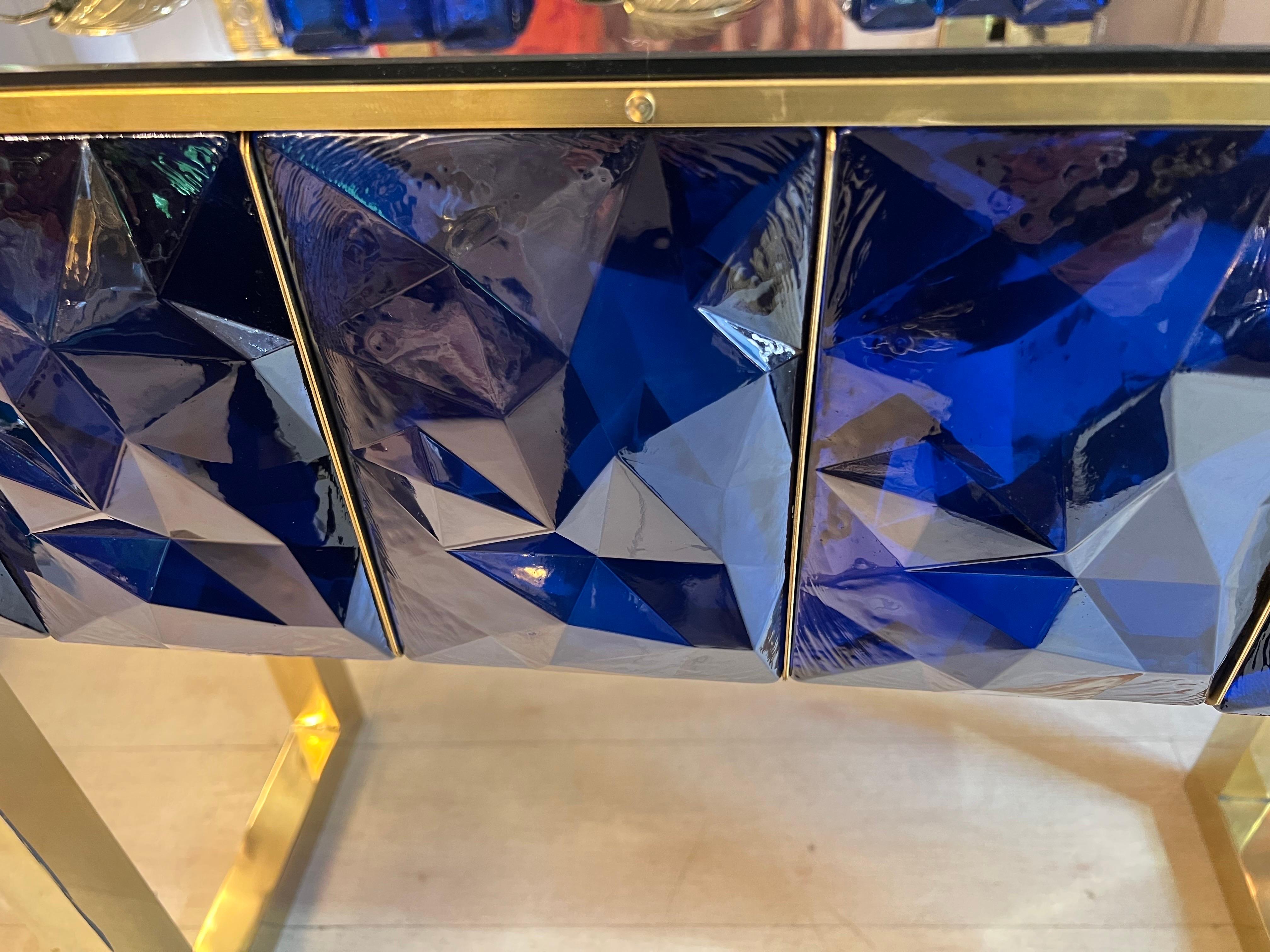 Modern Diamond Shape Blue Murano Console Table Black Opaline Brass Glass Top For Sale 10