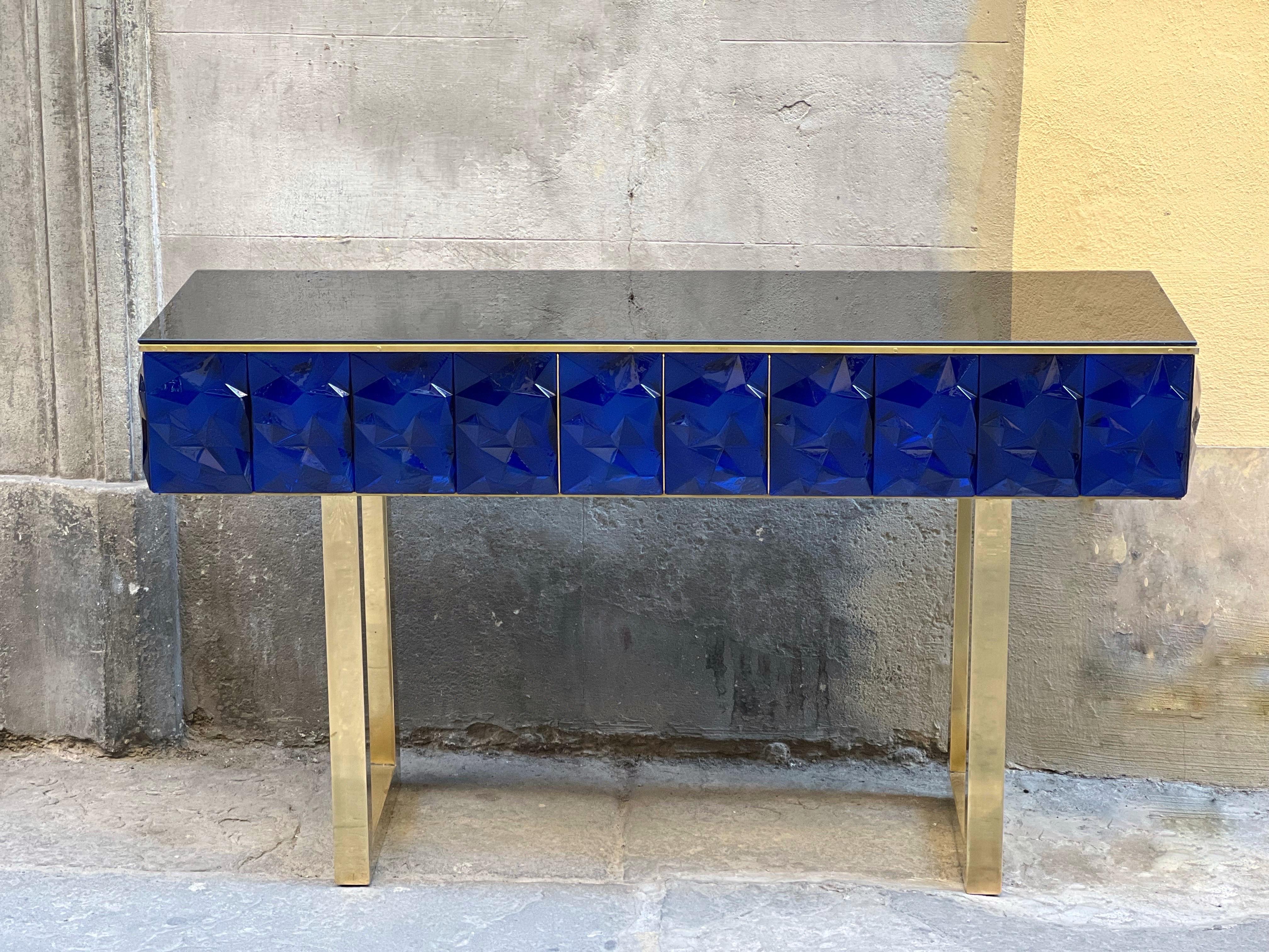 Moderne The Moderns Diamond Shape Blue Murano Console Table Black Opaline Brass Glass Top en vente