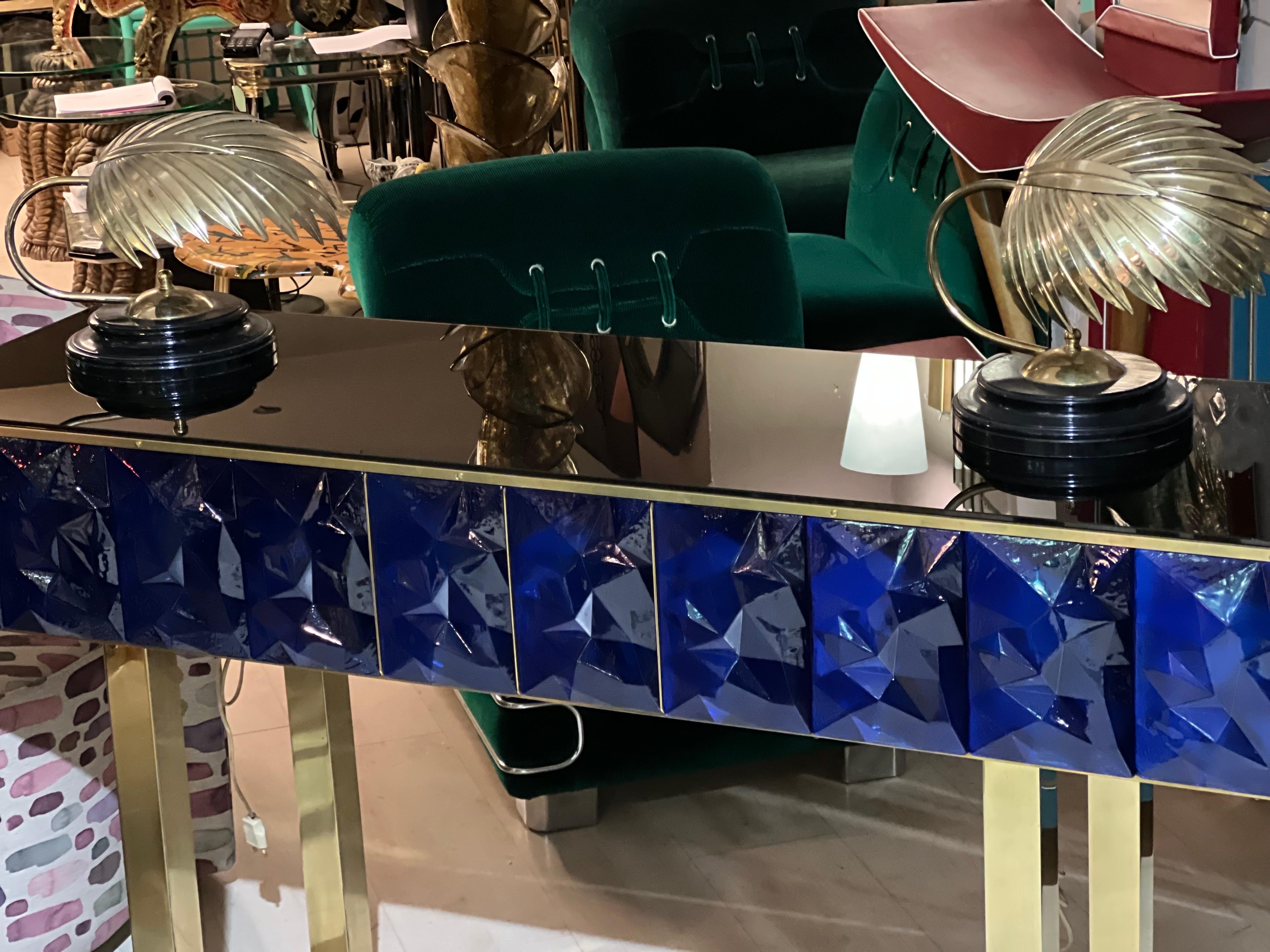 The Moderns Diamond Shape Blue Murano Console Table Black Opaline Brass Glass Top en vente 13