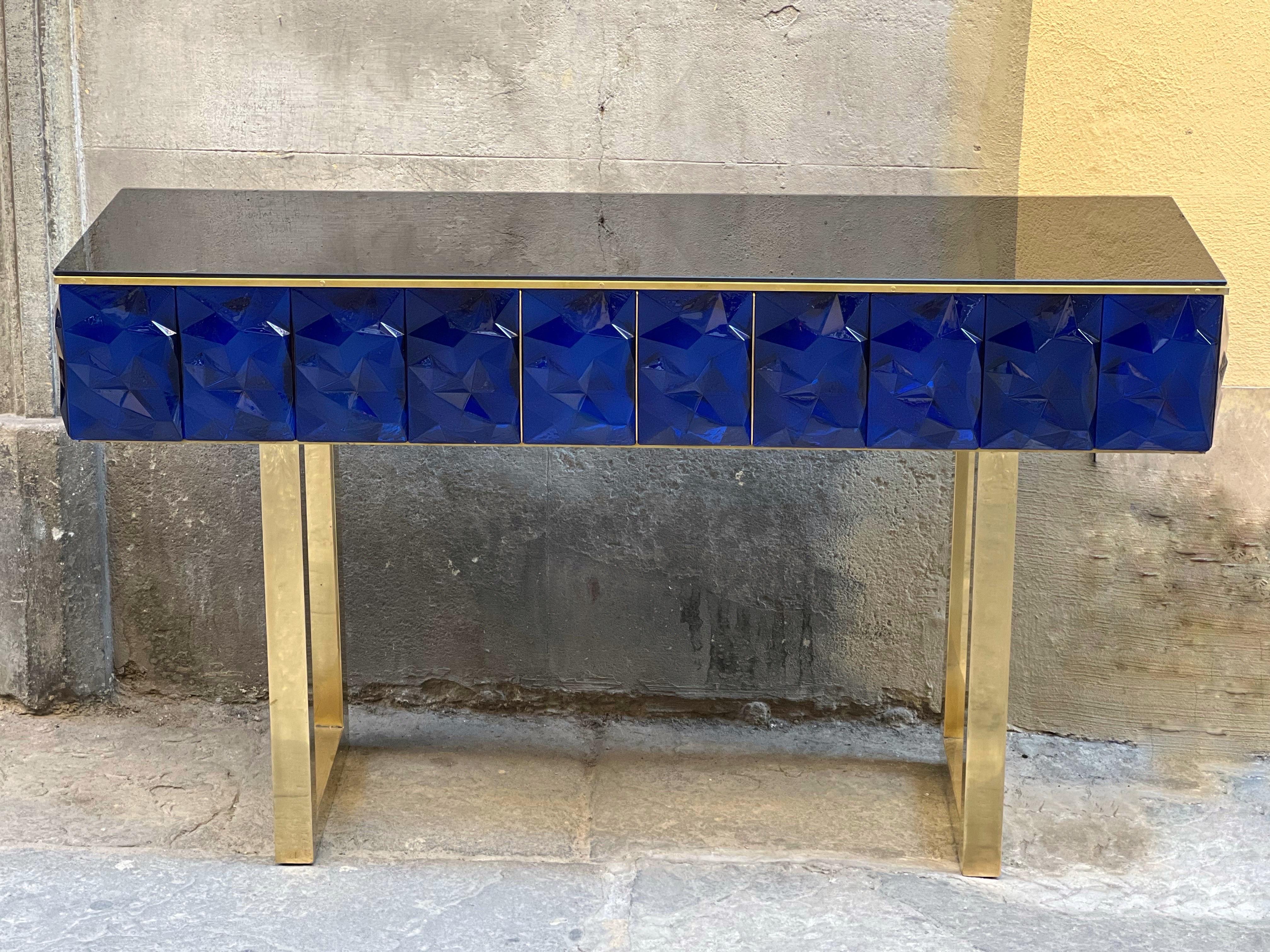 Italian Modern Diamond Shape Blue Murano Console Table Black Opaline Brass Glass Top For Sale