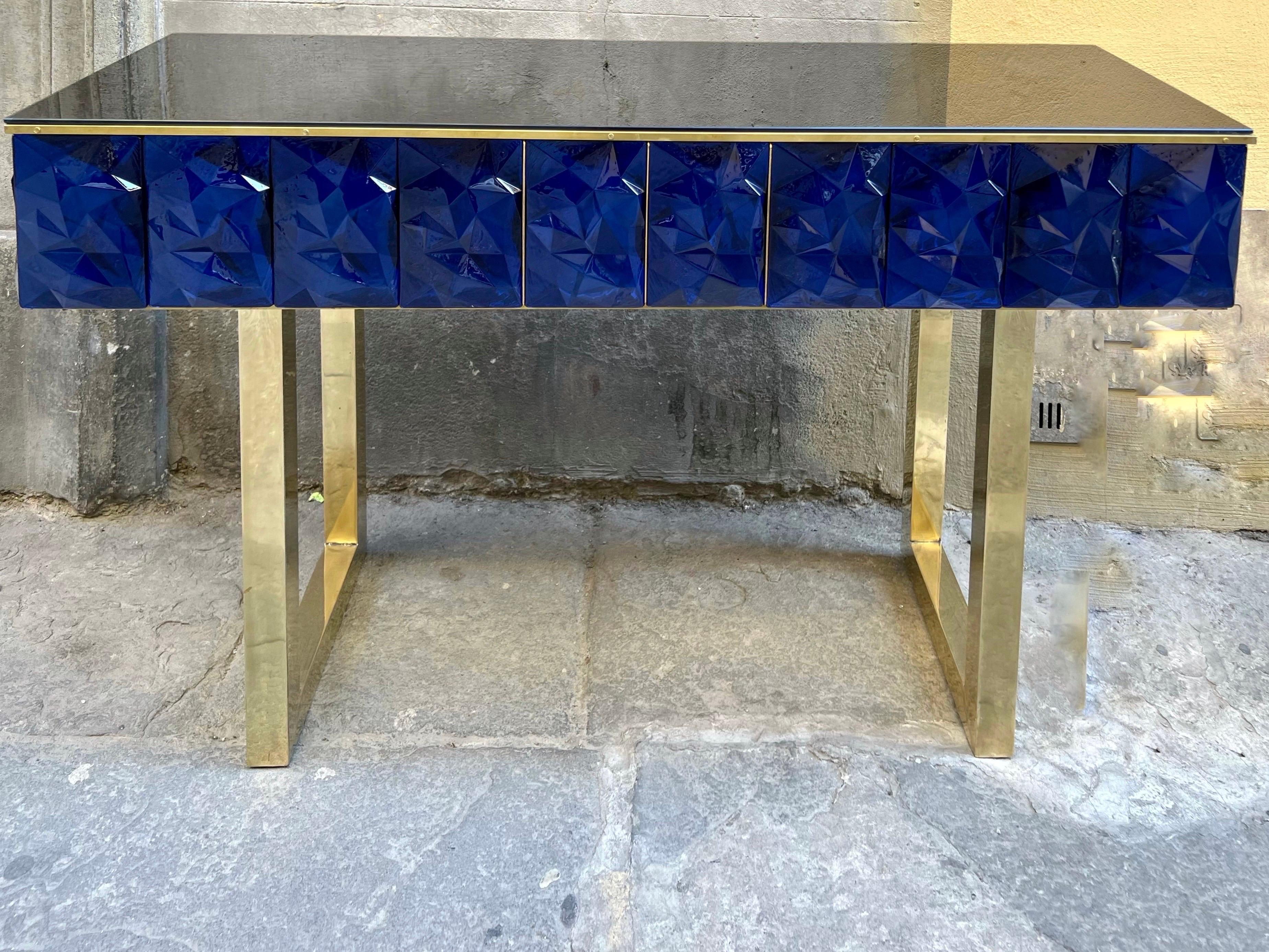 Modern Diamond Shape Blue Murano Console Table Black Opaline Brass Glass Top In Excellent Condition For Sale In Florence, IT