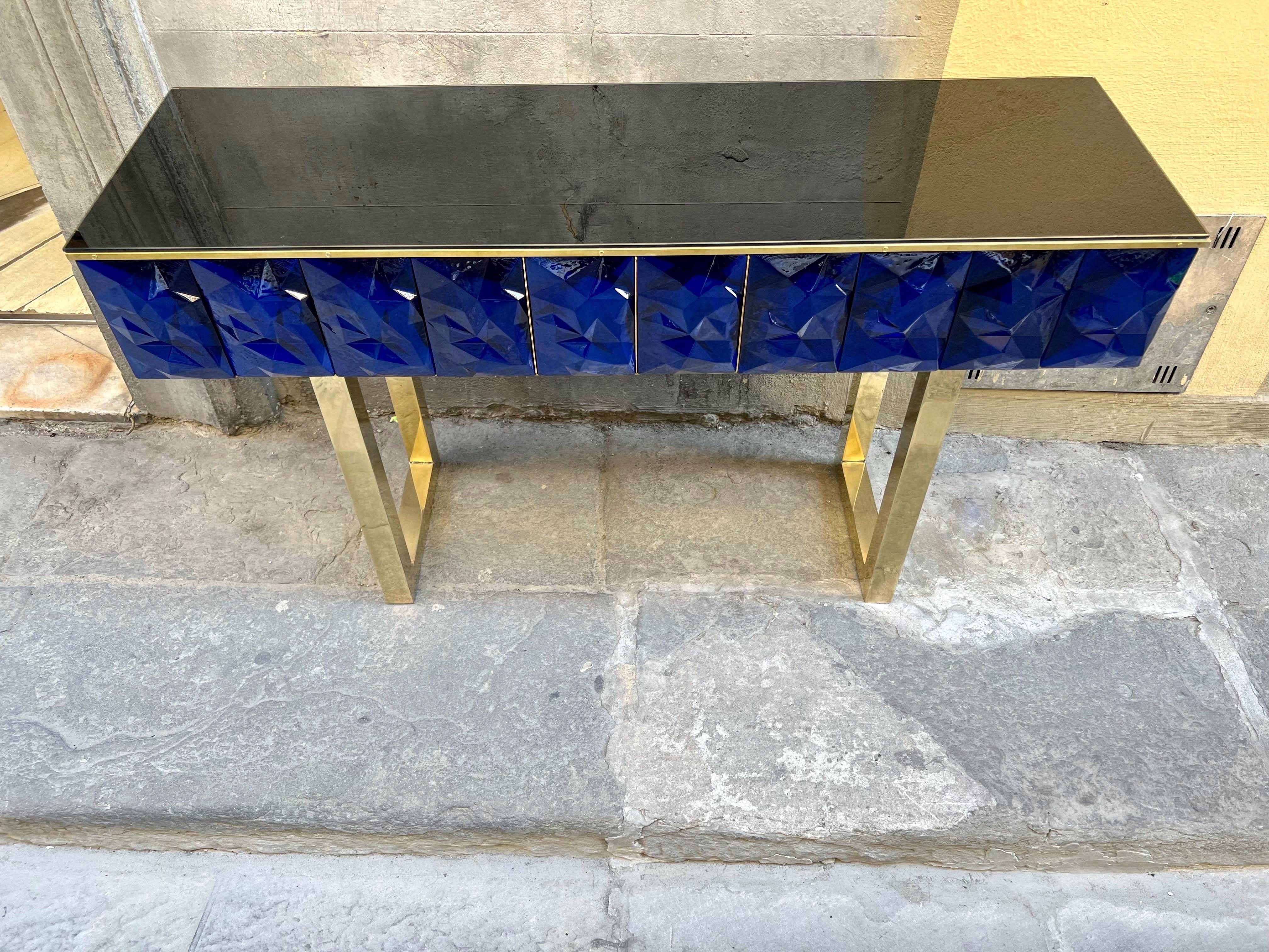 Contemporary Modern Diamond Shape Blue Murano Console Table Black Opaline Brass Glass Top For Sale