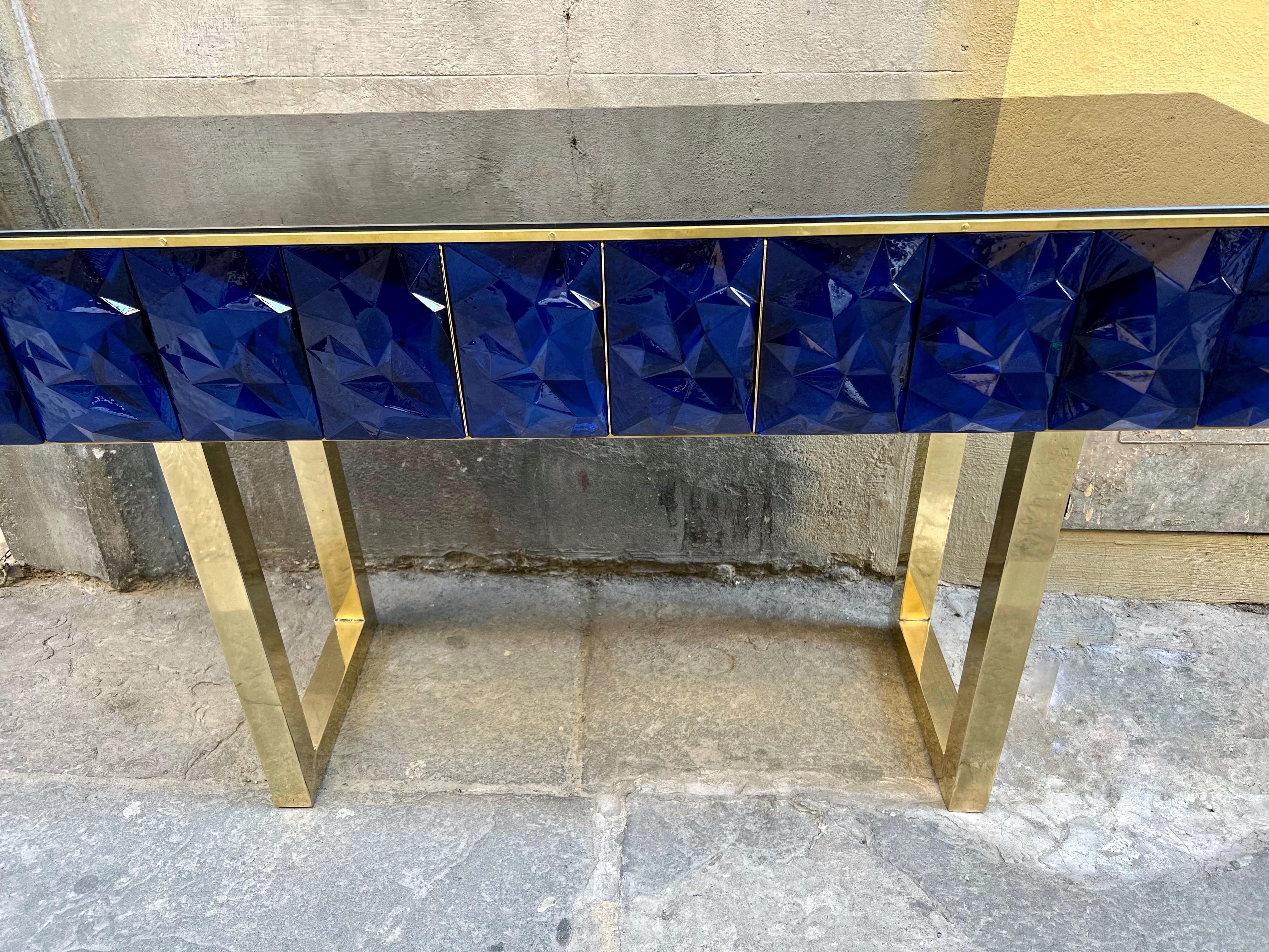 The Moderns Diamond Shape Blue Murano Console Table Black Opaline Brass Glass Top en vente 1