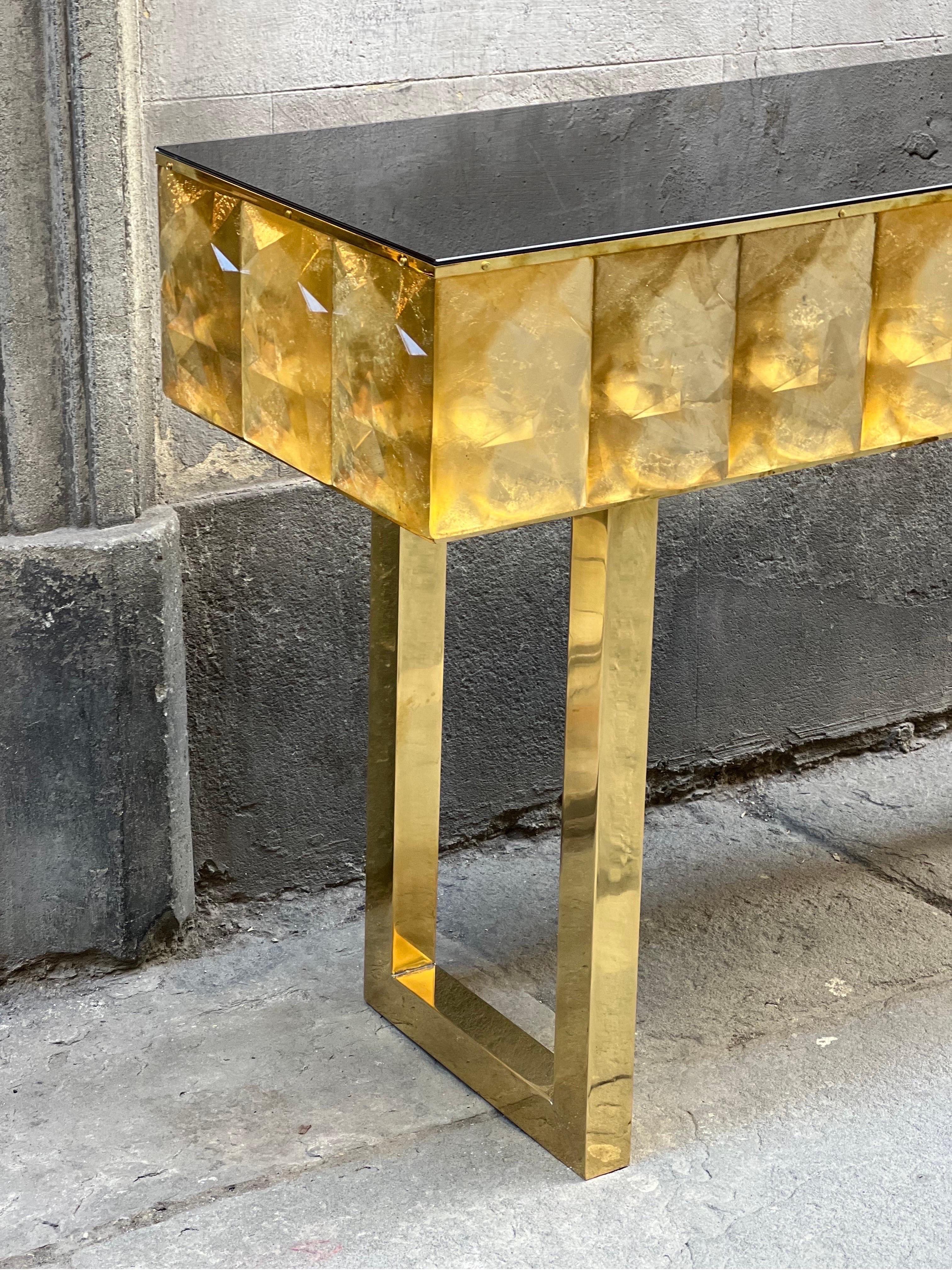 Modern Diamond Shape Gold Murano Console Table Black Opaline Brass Glass Top For Sale 11