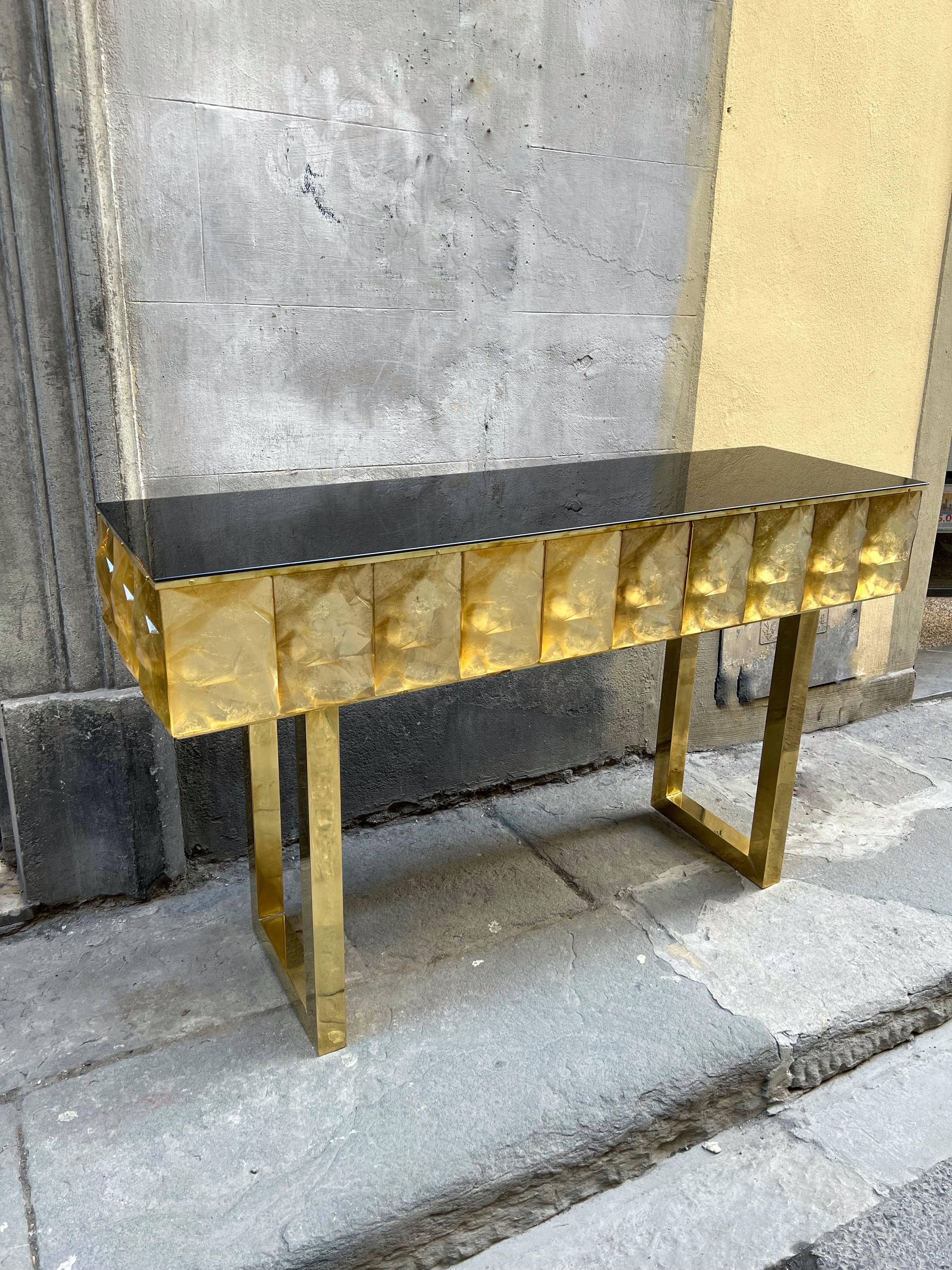 Modern Diamond Shape Gold Murano Console Table Black Opaline Brass Glass Top For Sale 2