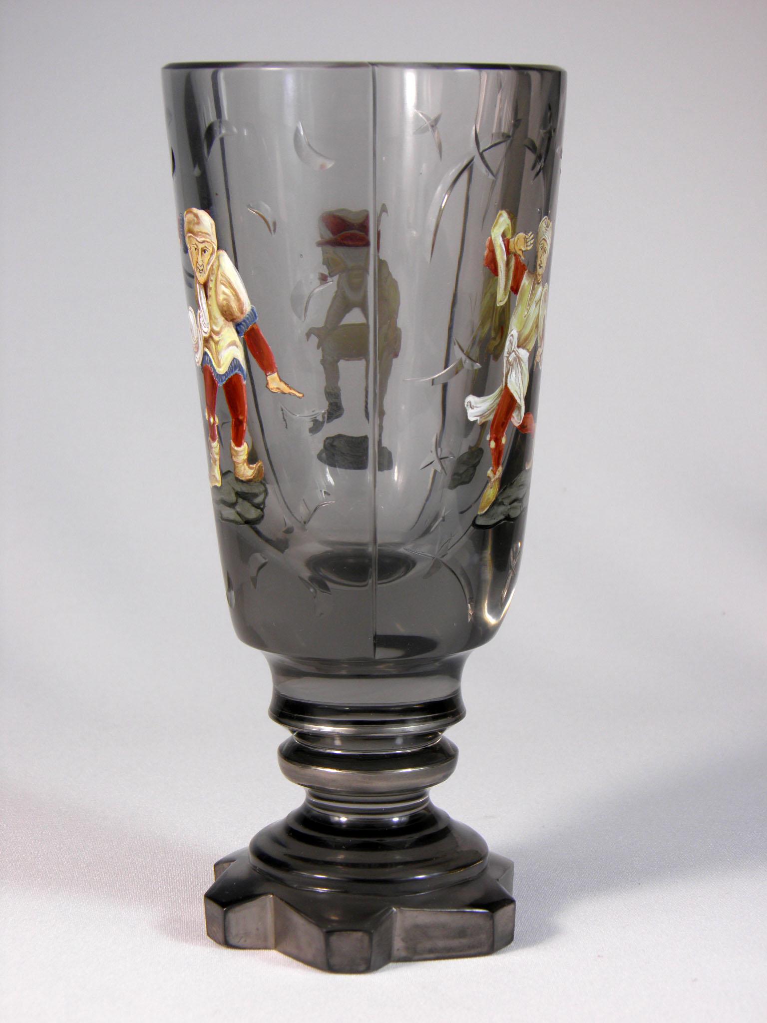 Hand cut, engraved and painted goblet in art deco style, hand silvered, made in France, 20th century, signature on the bottom.