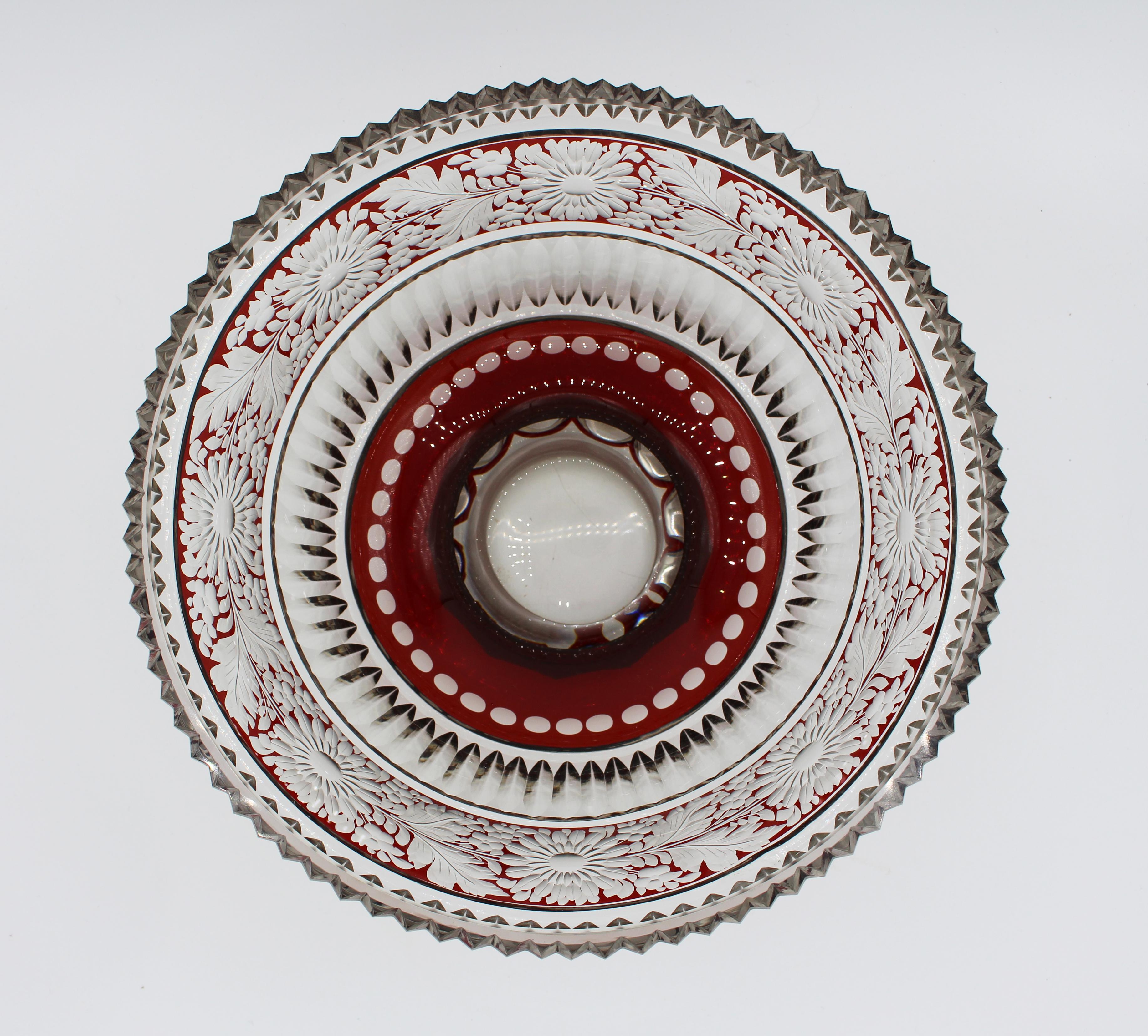 Cut Engraved and Ruby Flashed Glass Center Bowl In Good Condition In Chapel Hill, NC
