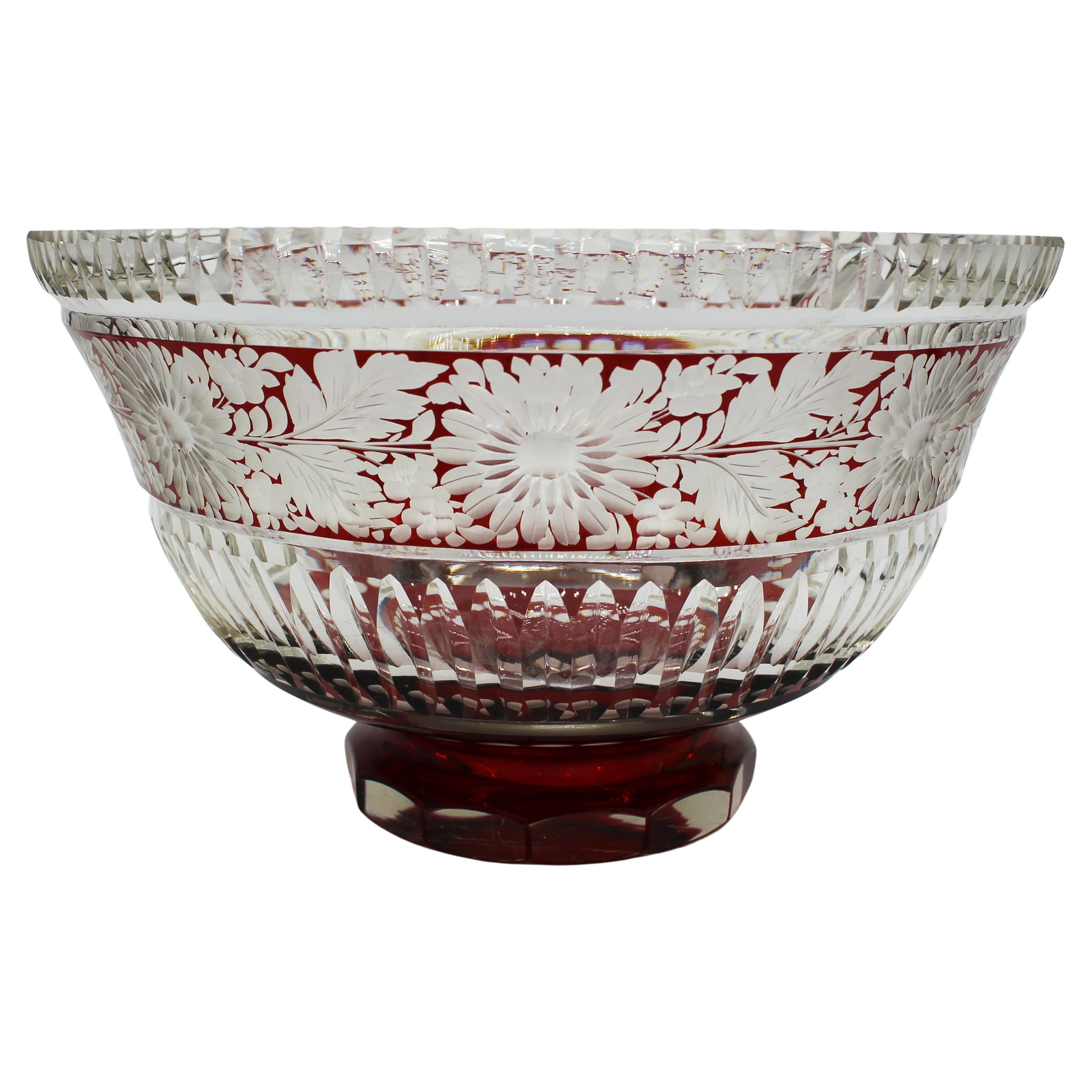 Cut Engraved and Ruby Flashed Glass Center Bowl