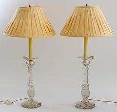 Cut Glass Candlestick Holder Mounted Lamps, Pair