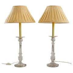 Cut Glass Candlestick Holder Mounted Lamps, Pair