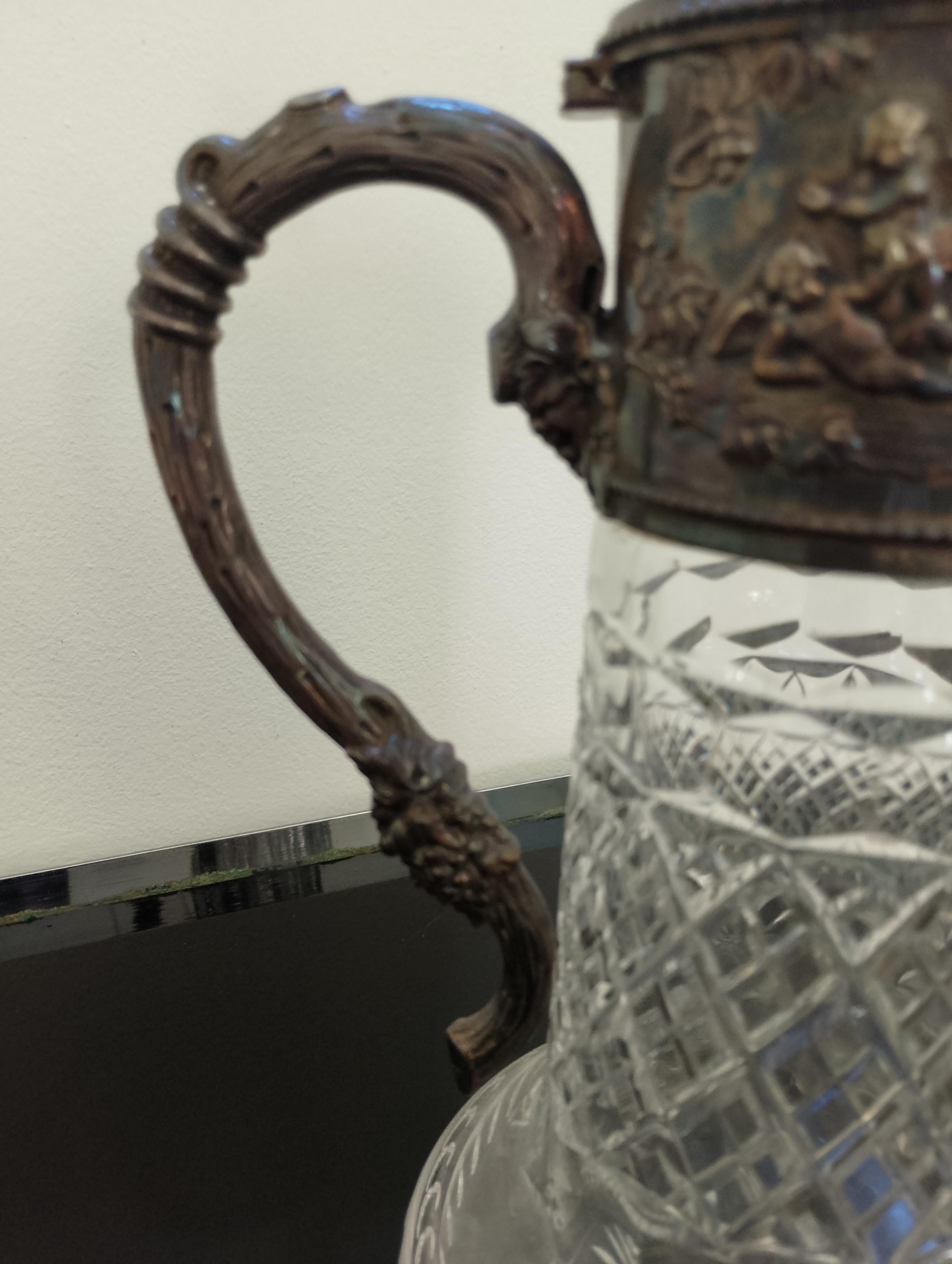 Argent sterling Cruche à claret en verre taillé, Italie 1940 en vente