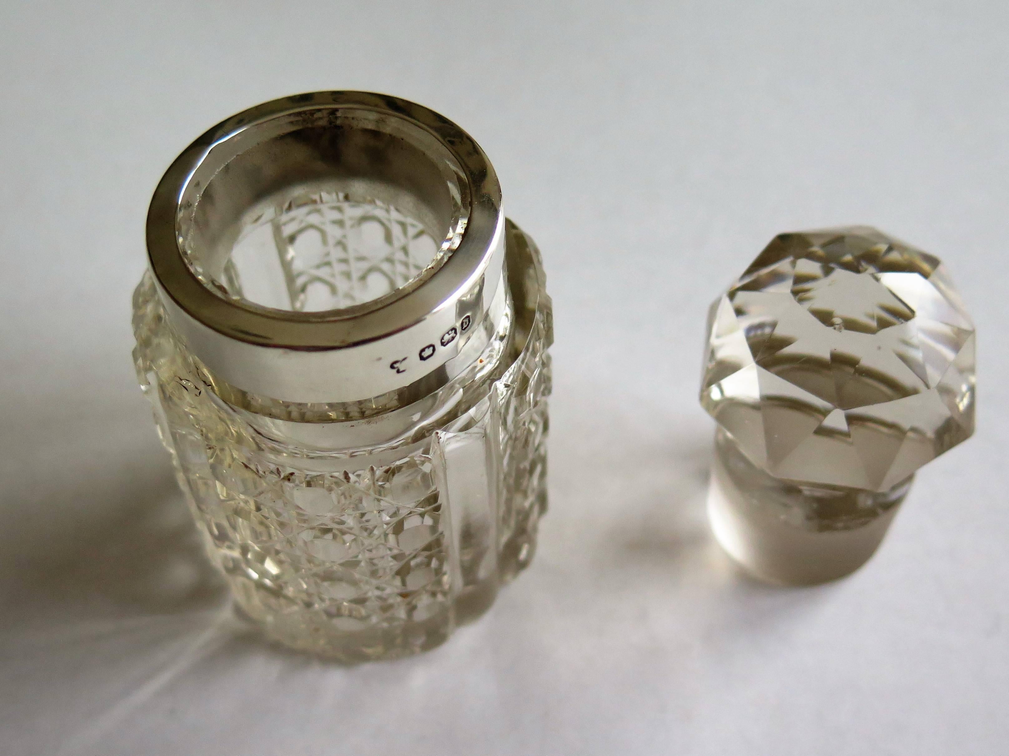 Hand-Crafted Victorian Cut-Glass Crystal Perfume Bottle Sterling Silver Neck Ring, Circa 1896