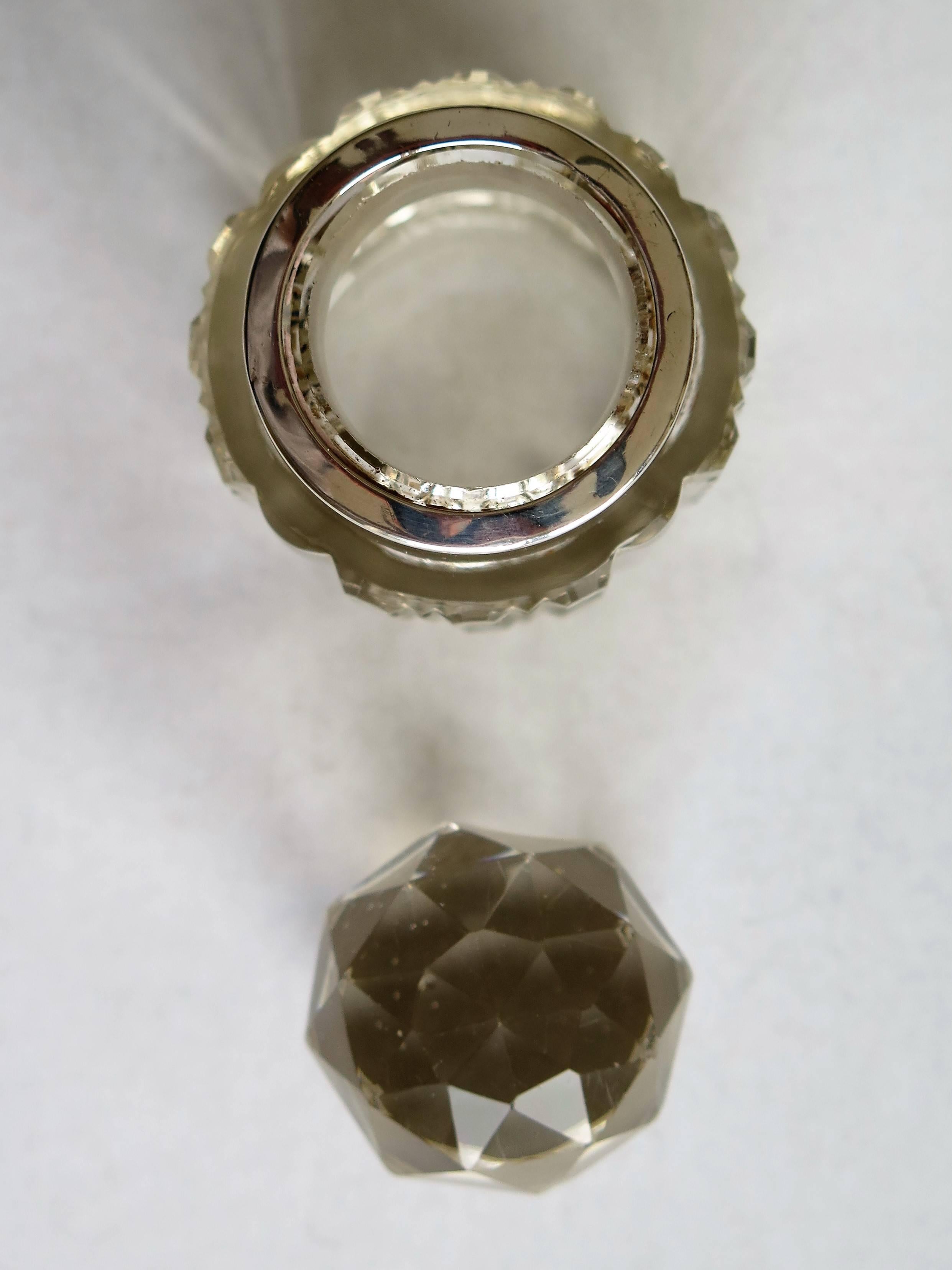 19th Century Victorian Cut-Glass Crystal Perfume Bottle Sterling Silver Neck Ring, Circa 1896
