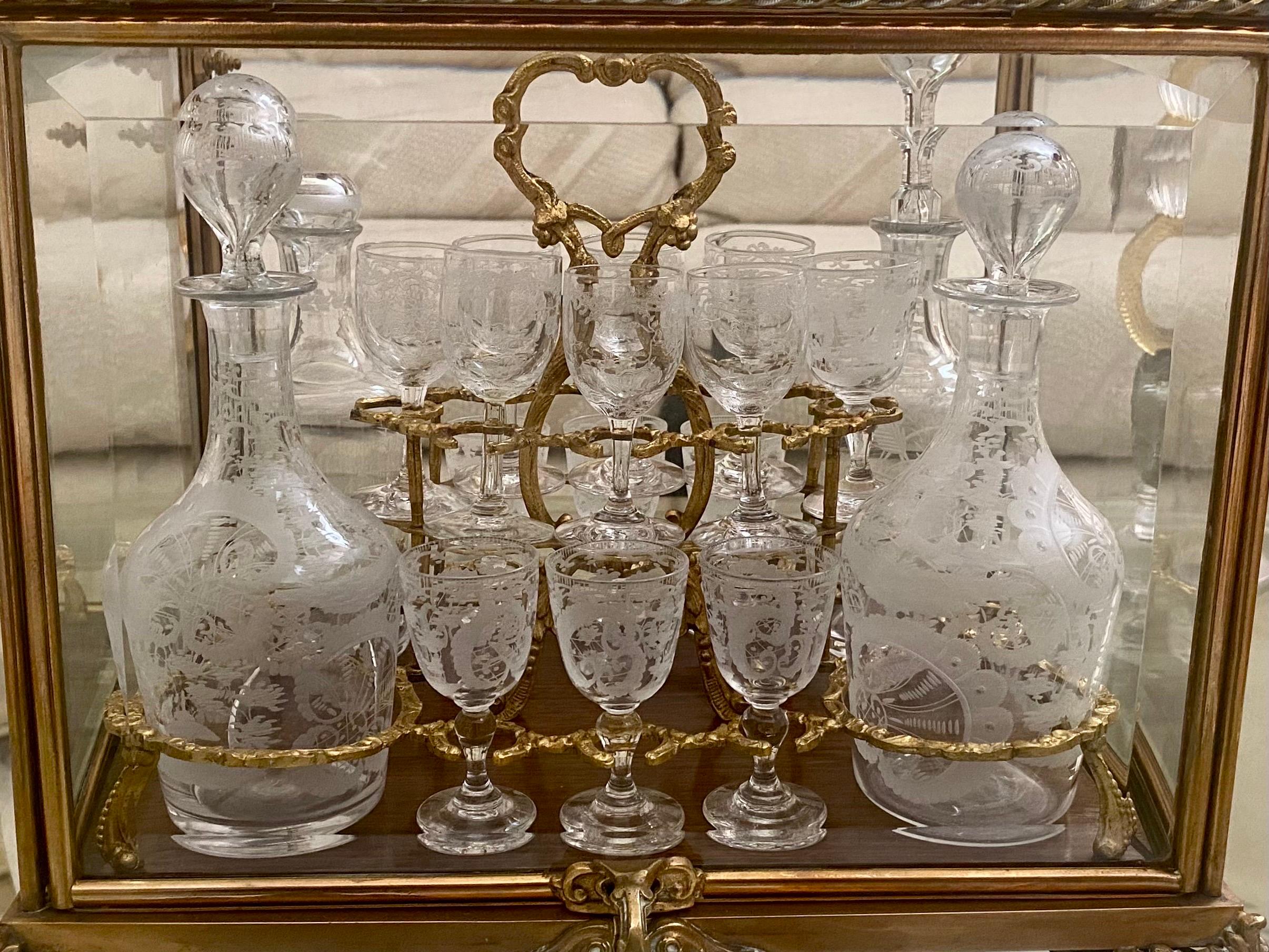Cut Glass Decanter Set in Gilt Bronze and Glass Case, In the Style of Baccarat For Sale 4