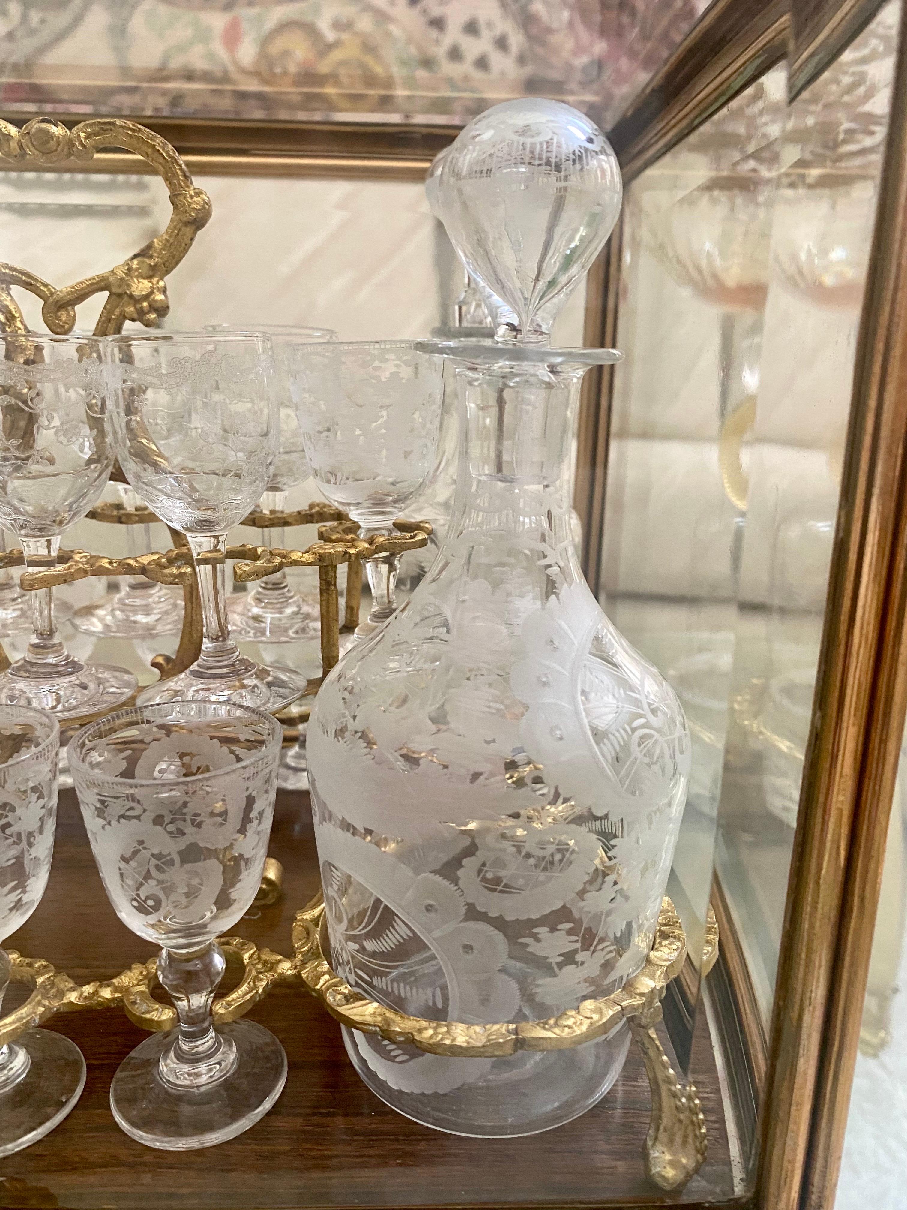 Cut Glass Decanter Set in Gilt Bronze and Glass Case, In the Style of Baccarat For Sale 6