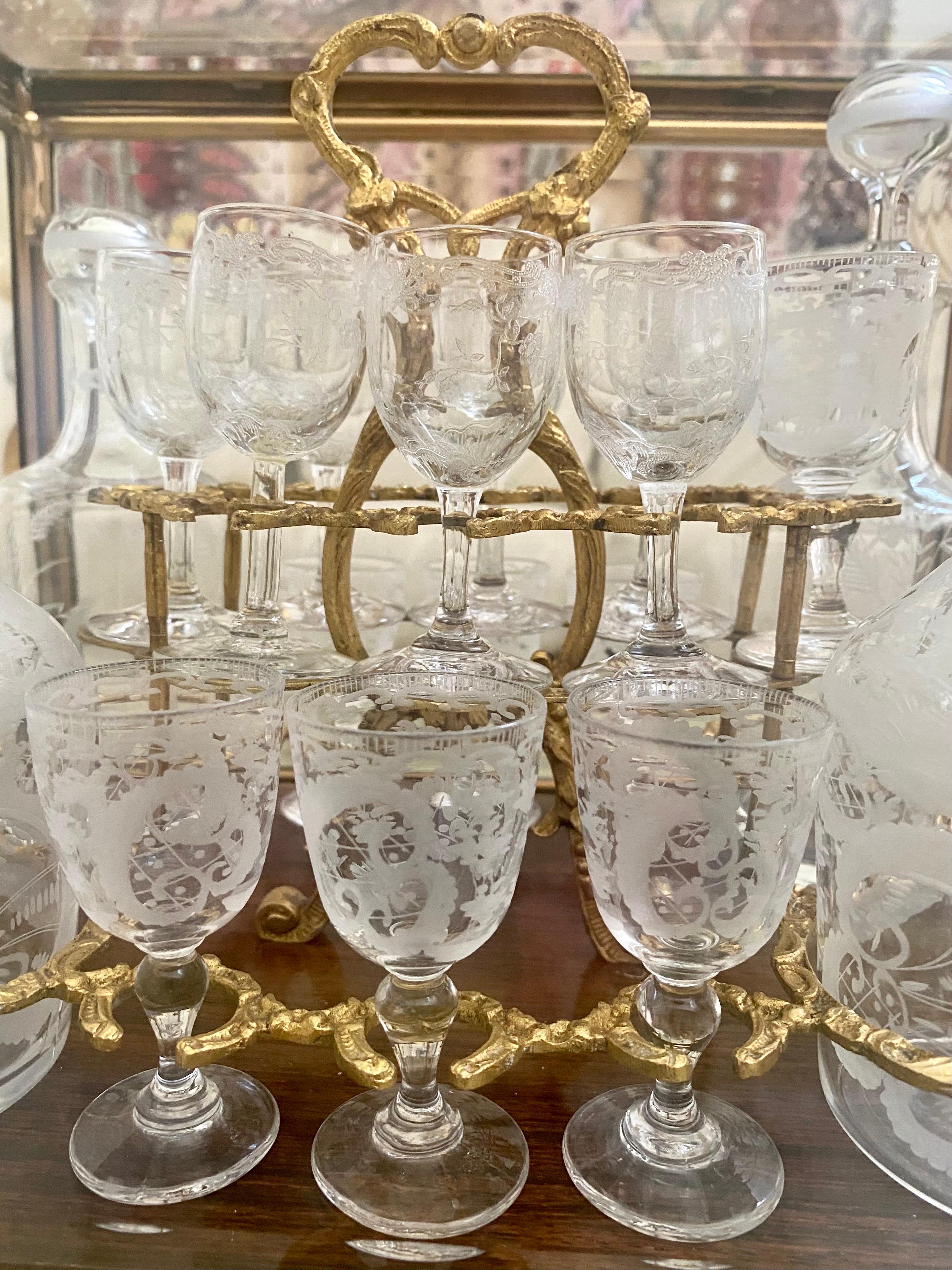 Cut Glass Decanter Set in Gilt Bronze and Glass Case, In the Style of Baccarat For Sale 7