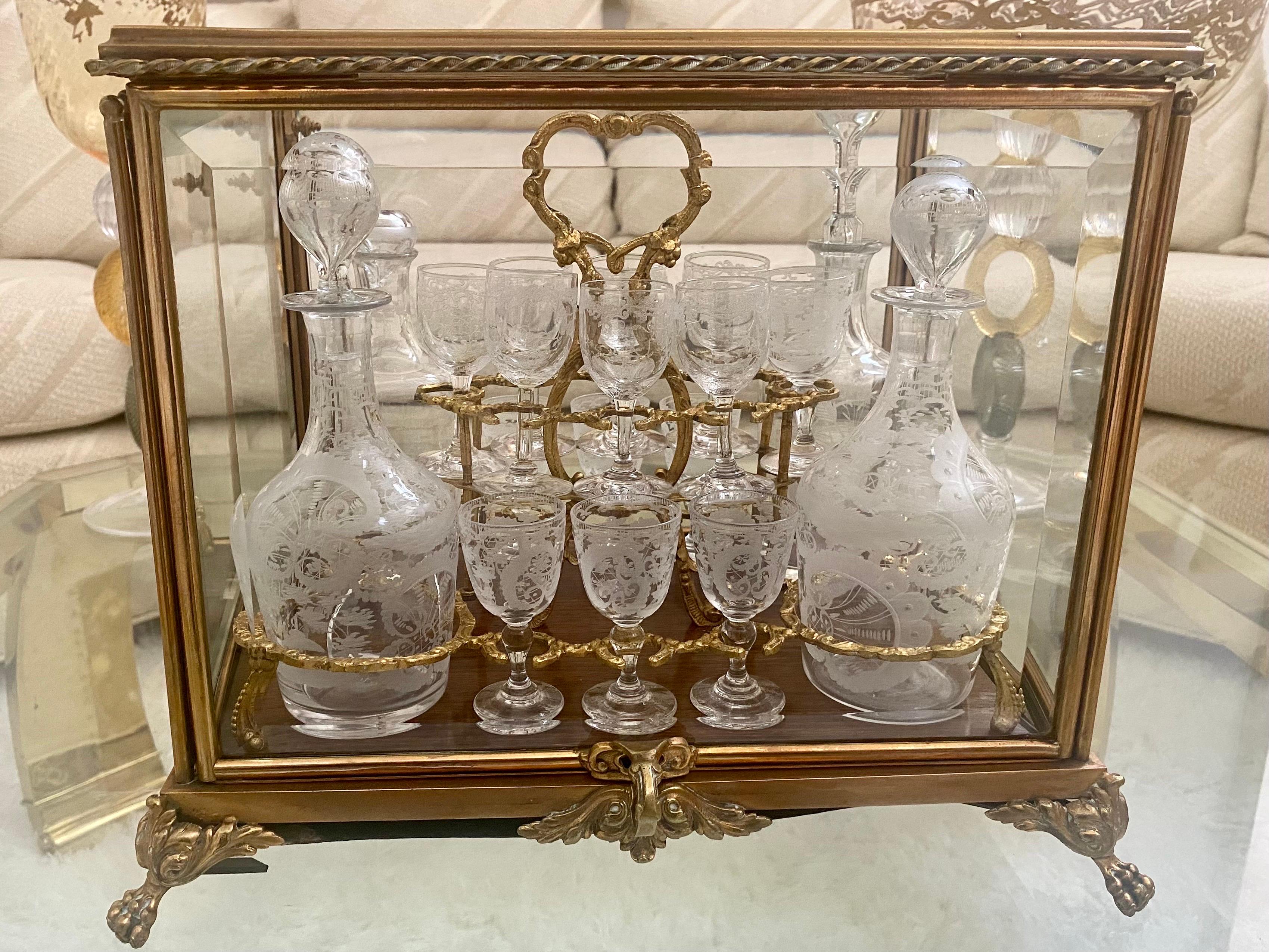 Louis XV Cut Glass Decanter Set in Gilt Bronze and Glass Case, In the Style of Baccarat For Sale