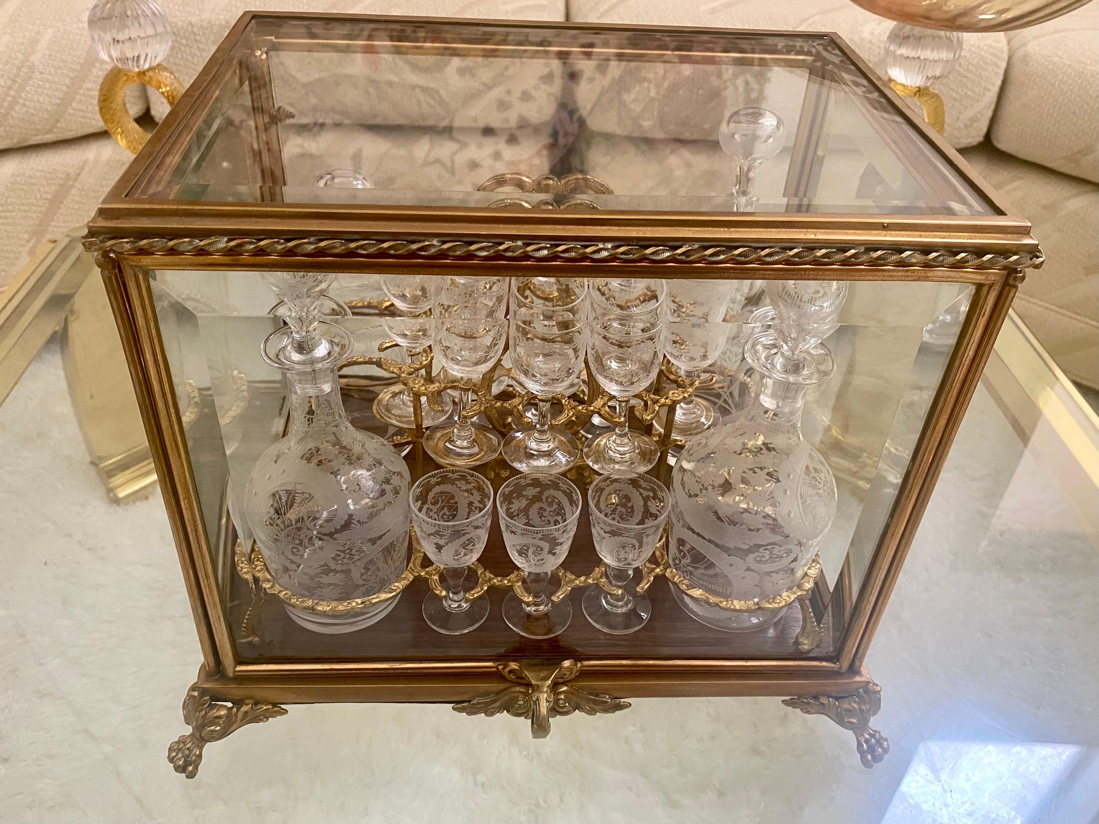 French Cut Glass Decanter Set in Gilt Bronze and Glass Case, In the Style of Baccarat For Sale