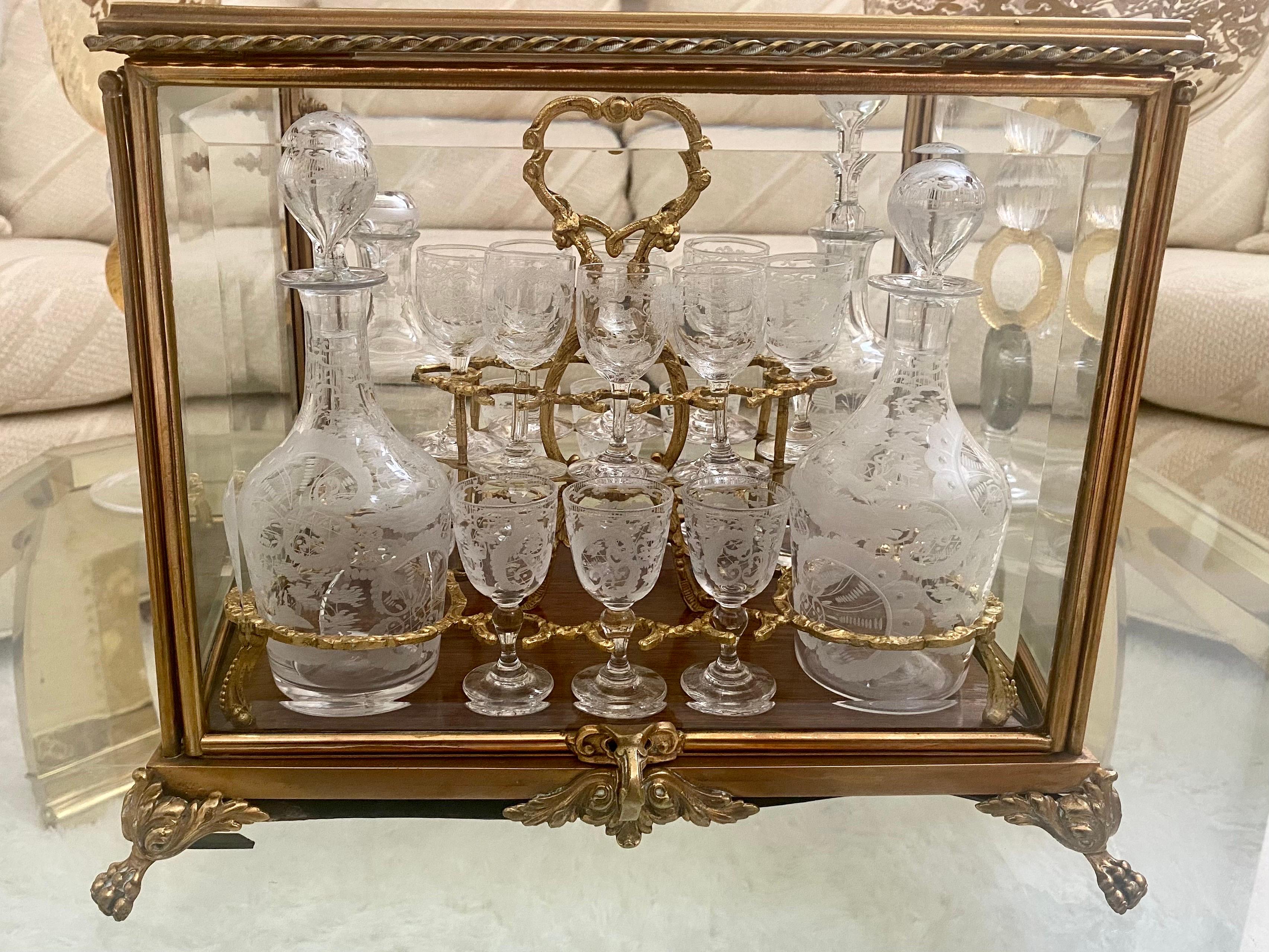 Etched Cut Glass Decanter Set in Gilt Bronze and Glass Case, In the Style of Baccarat For Sale