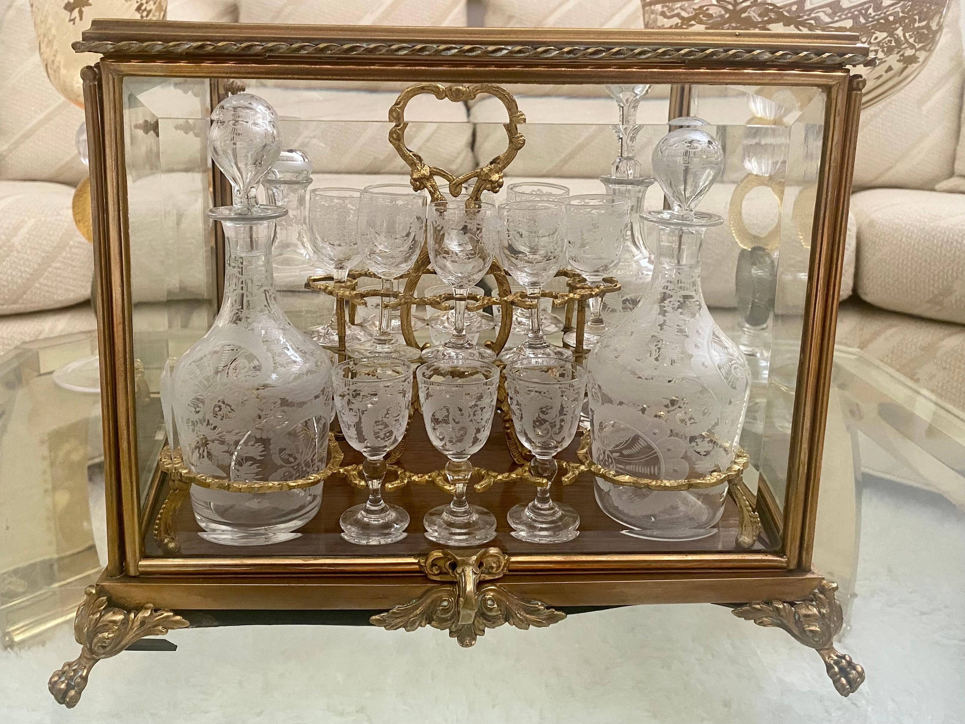 Cut Glass Decanter Set in Gilt Bronze and Glass Case, In the Style of Baccarat For Sale 2