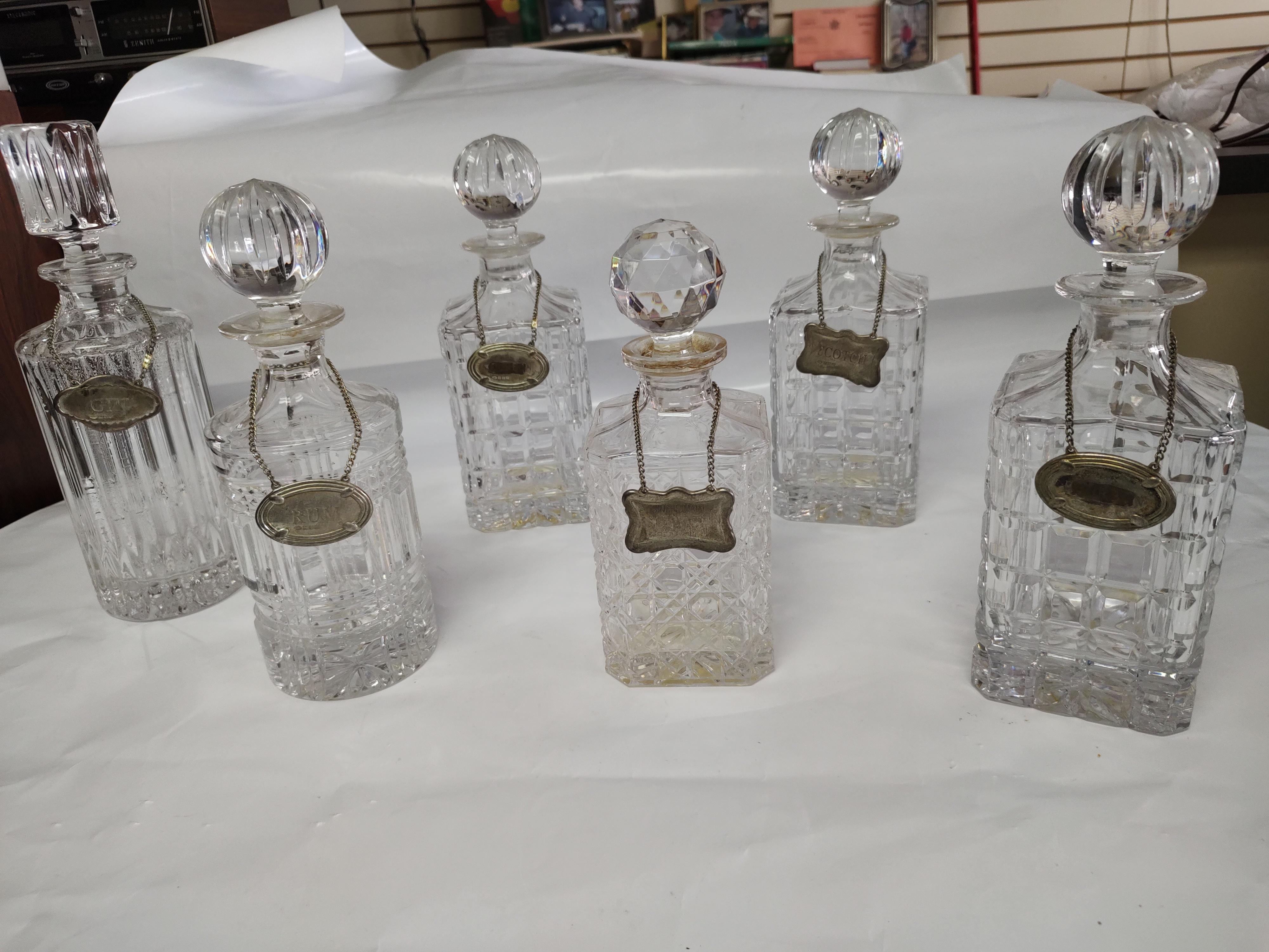Cut Glass Liquor Decanters with Decorative Tags 3 available  2