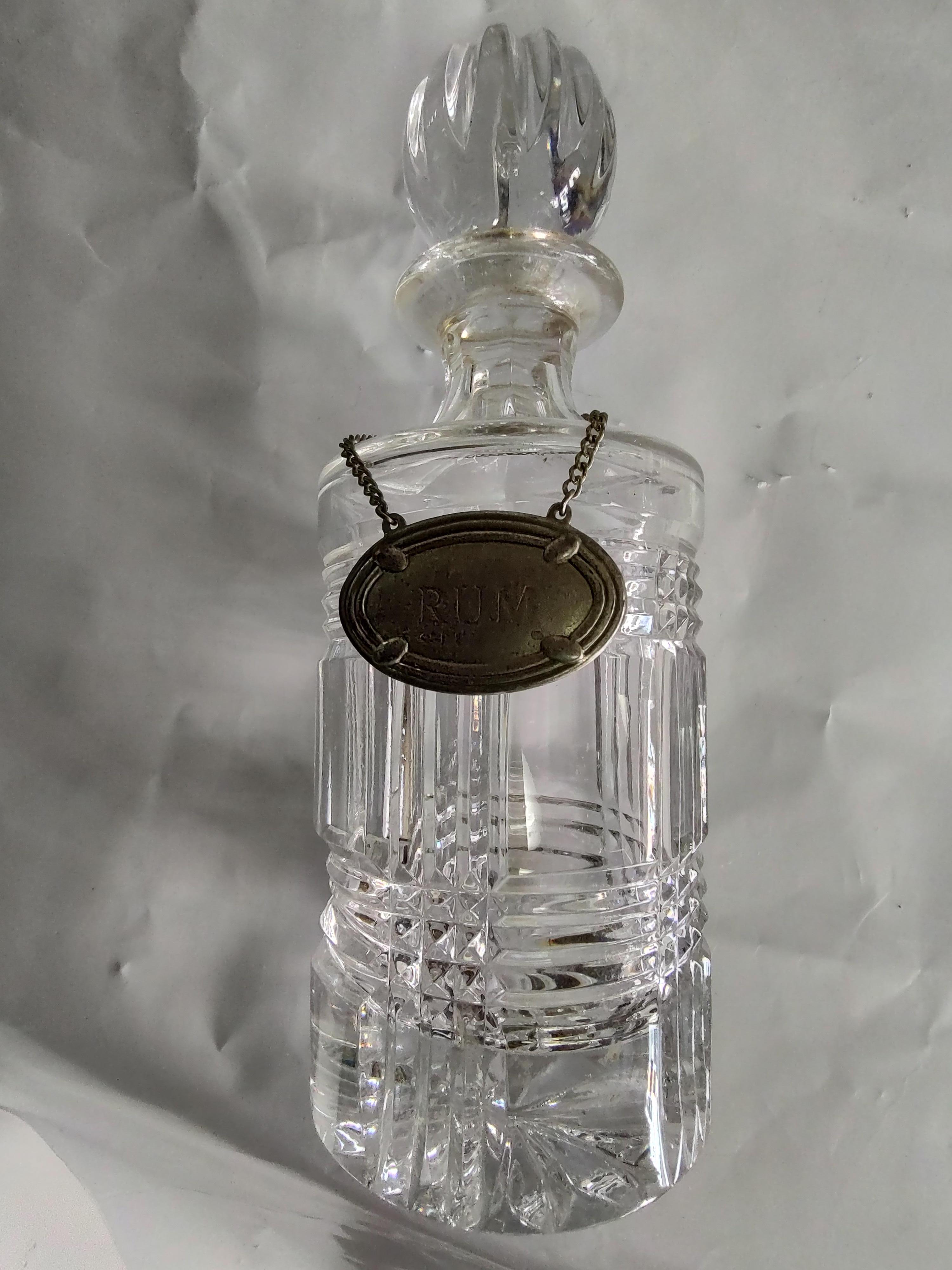 Polished Cut Glass Liquor Decanters with Decorative Tags 3 available 