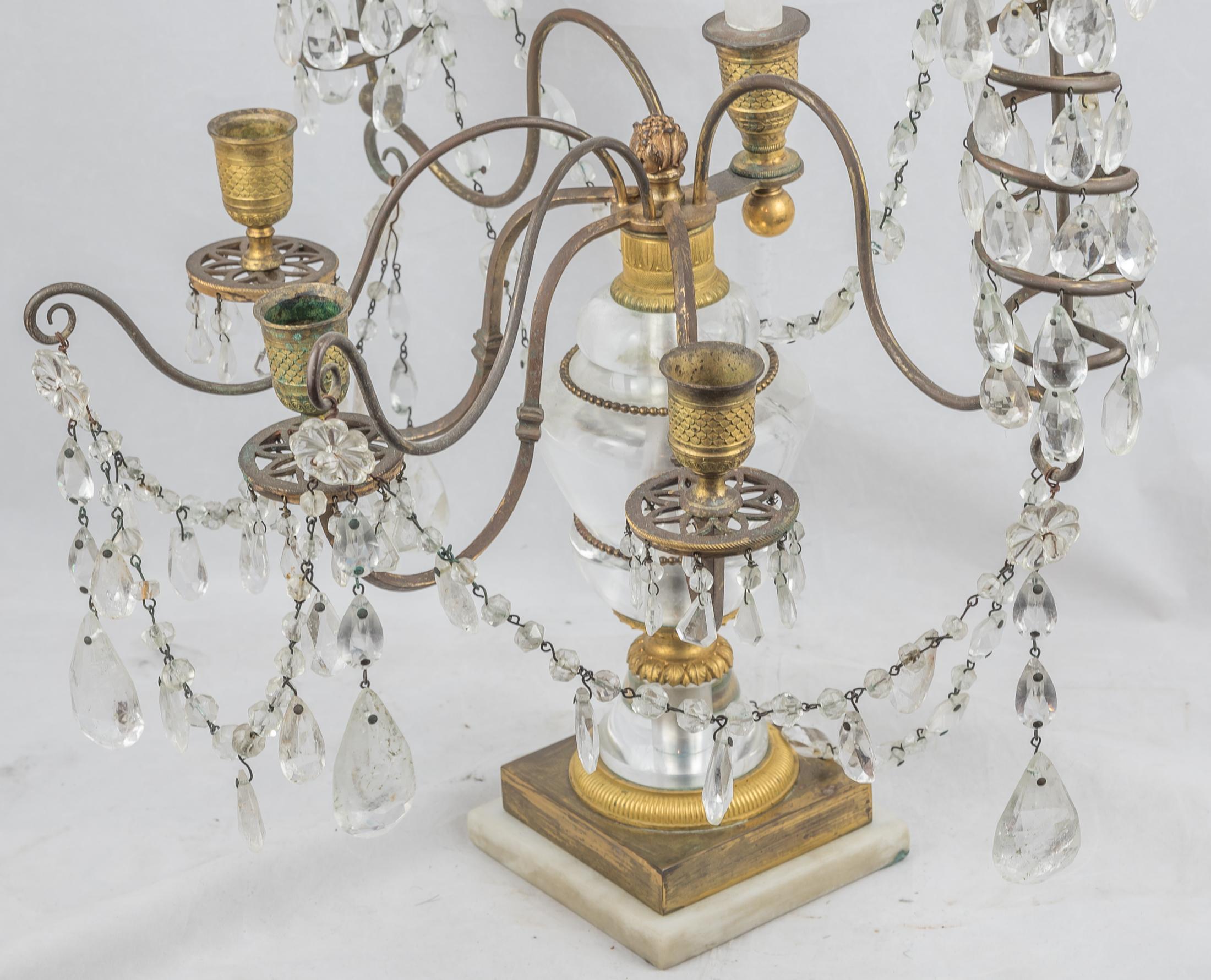 Neoclassical Cut Glass Mounted Ormolu, Rock Crystal and White Marble Three-Light Candelabras For Sale