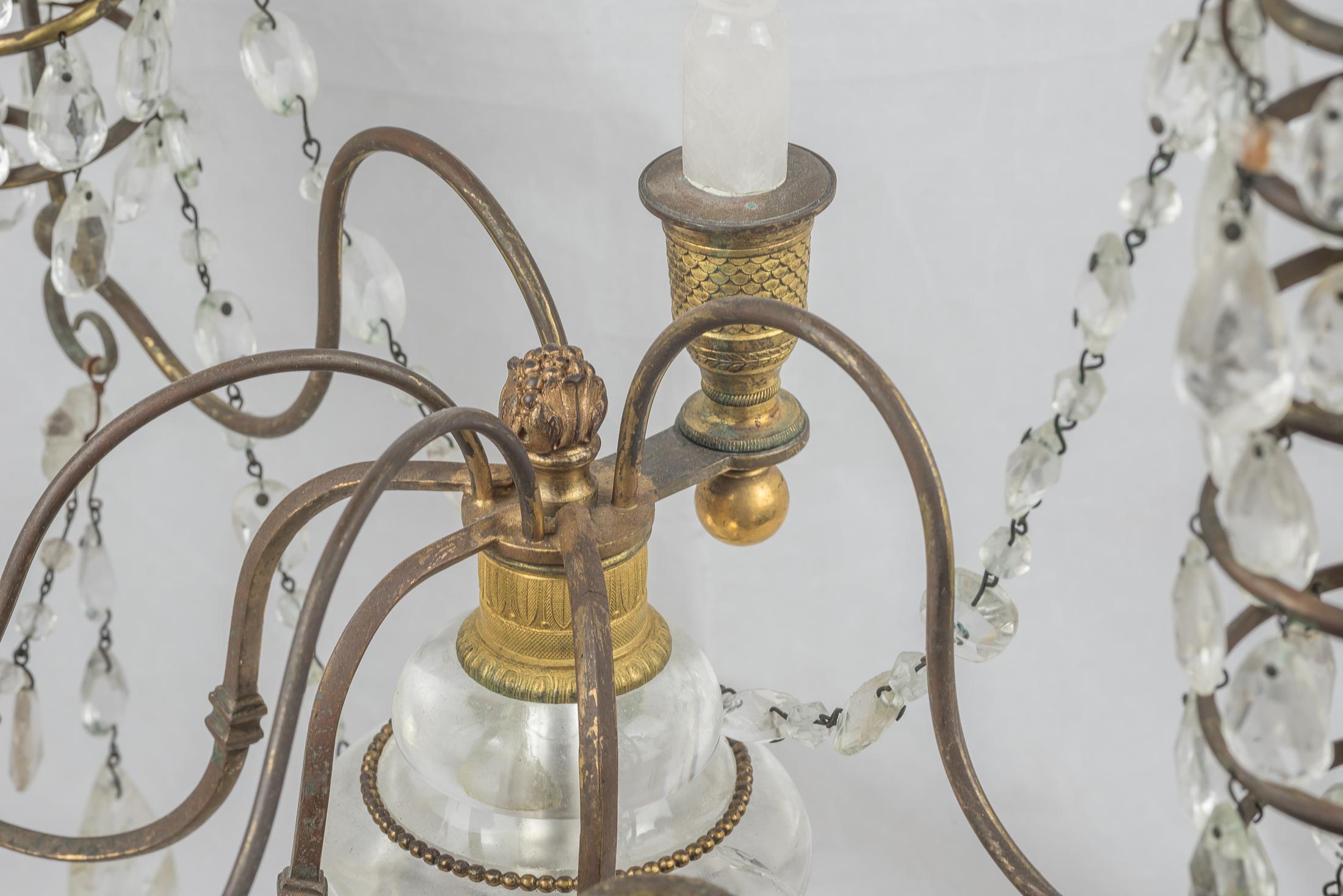 French Cut Glass Mounted Ormolu, Rock Crystal and White Marble Three-Light Candelabras For Sale