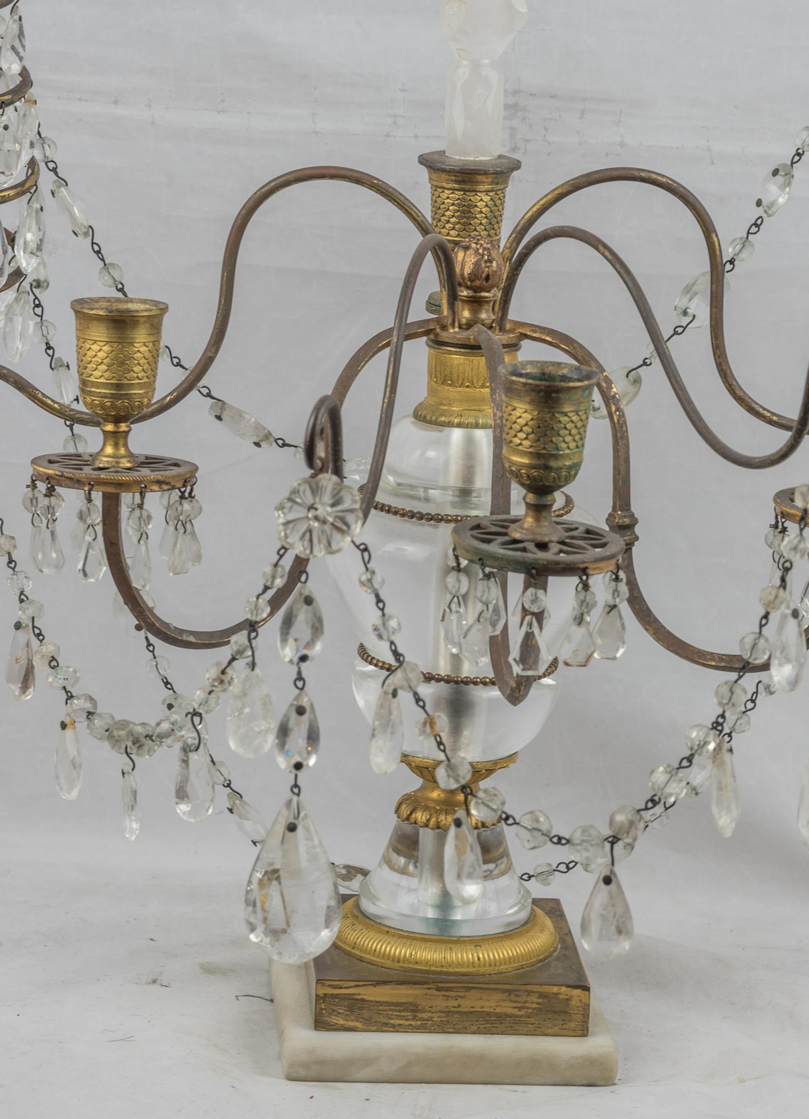 19th Century Cut Glass Mounted Ormolu, Rock Crystal and White Marble Three-Light Candelabras For Sale