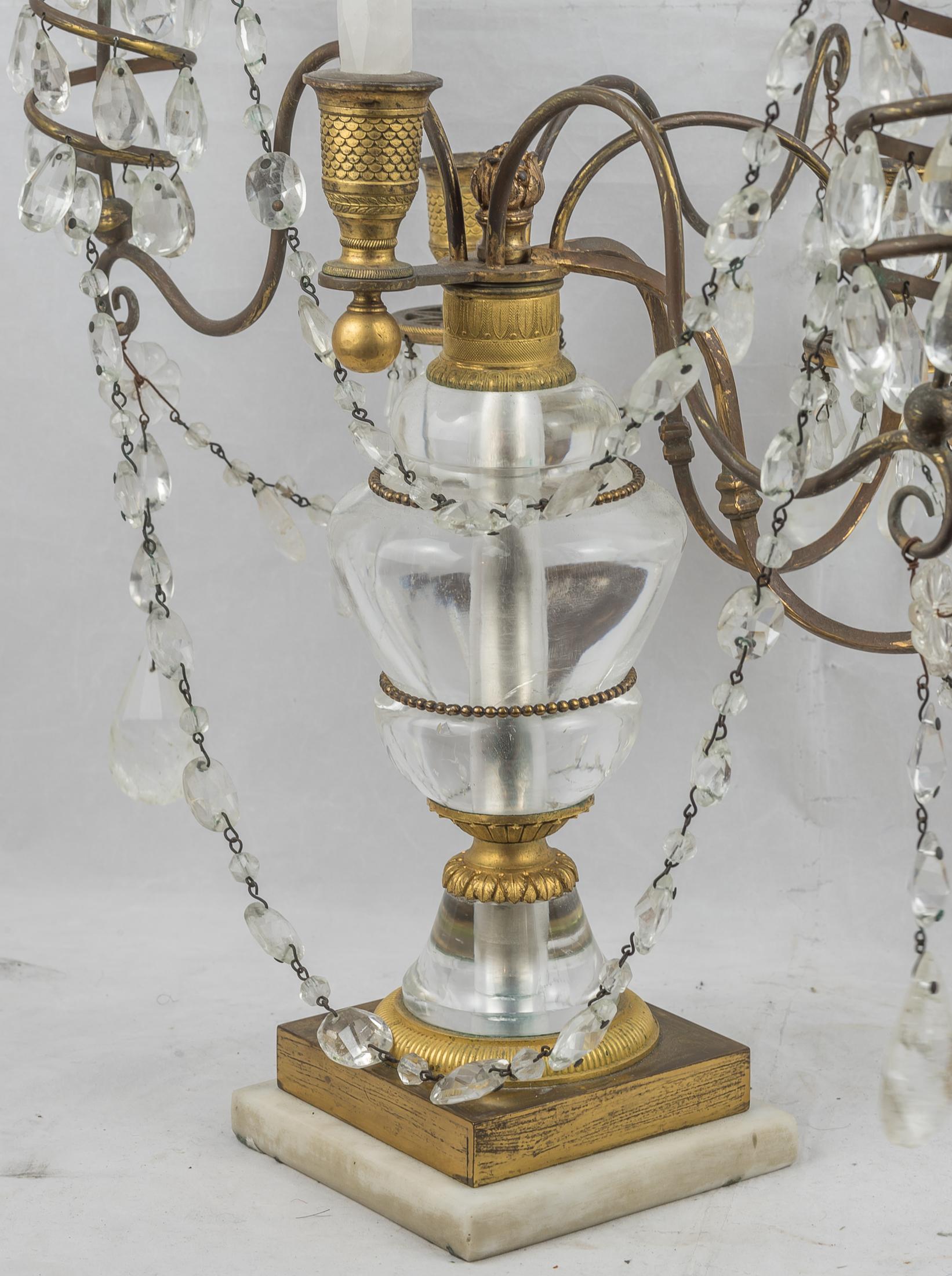 Cut Glass Mounted Ormolu, Rock Crystal and White Marble Three-Light Candelabras For Sale 1