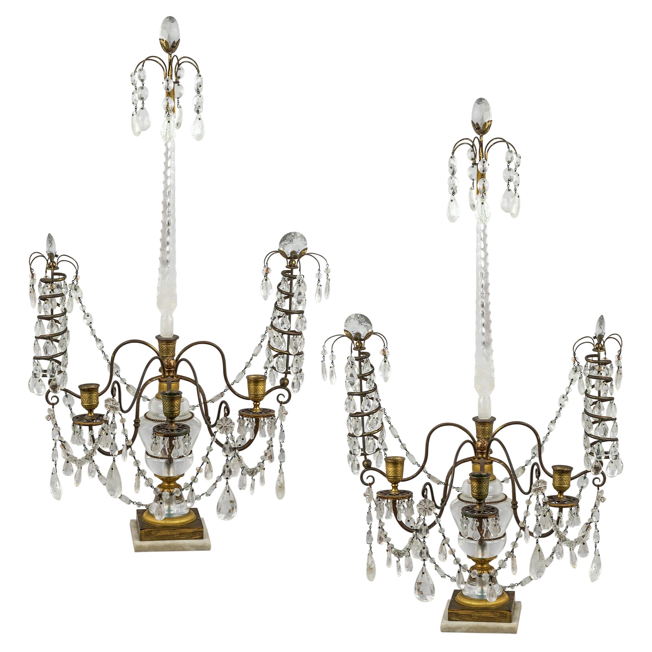 Cut Glass Mounted Ormolu, Rock Crystal and White Marble Three-Light Candelabras For Sale