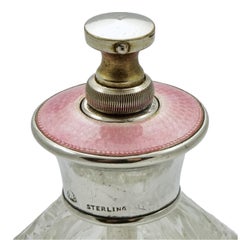 Cut Glass Perfume Bottle with Sterling Silver and Pink Guilloche Enamel Top